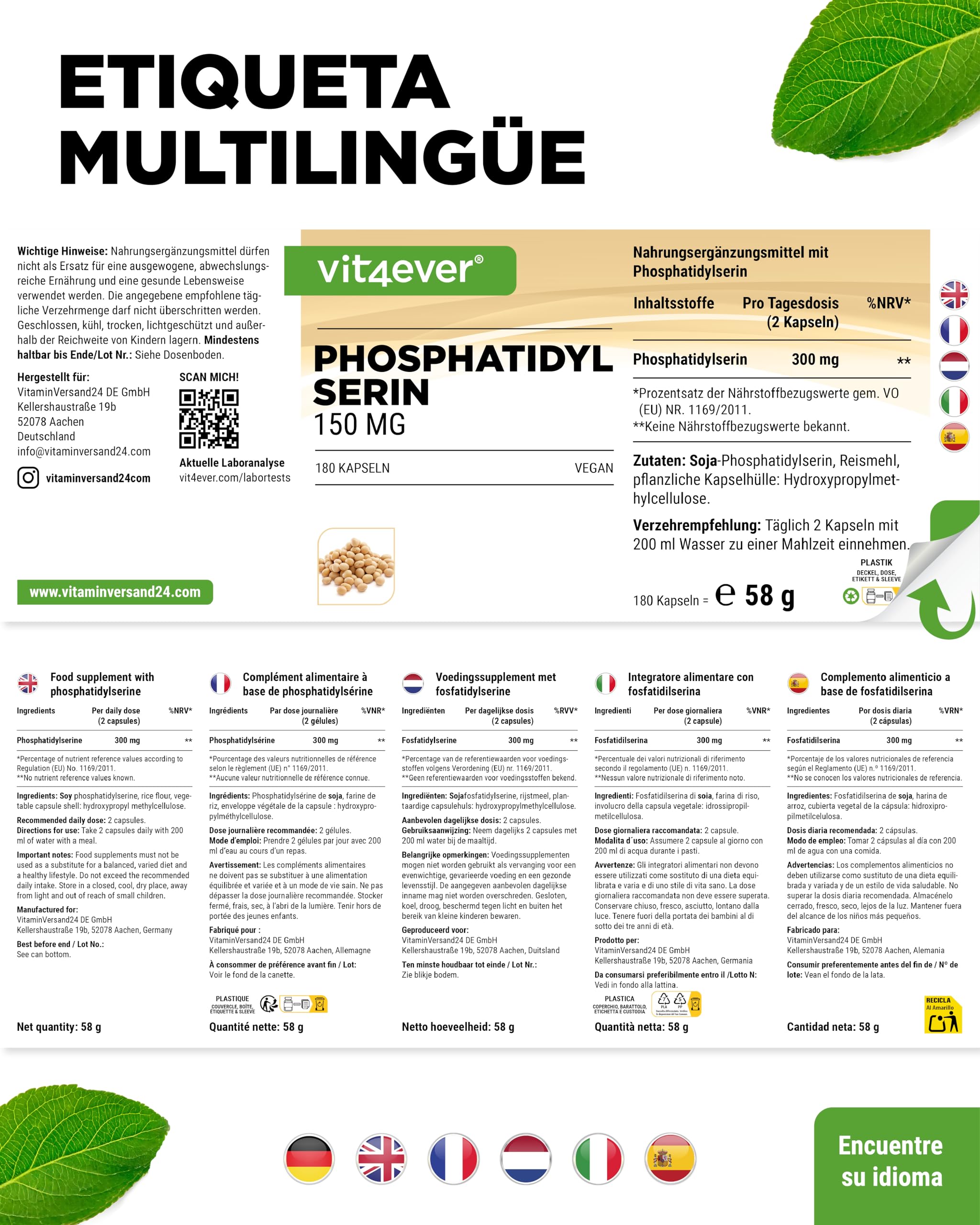 vit4ever Fosfatidilserina Cápsulas - 300 mg por Dosis Diaria - 180 Cápsulas - Alta Dosis - Fosfolípido PS - Vegano - Sin Aditivos Innecesarios
