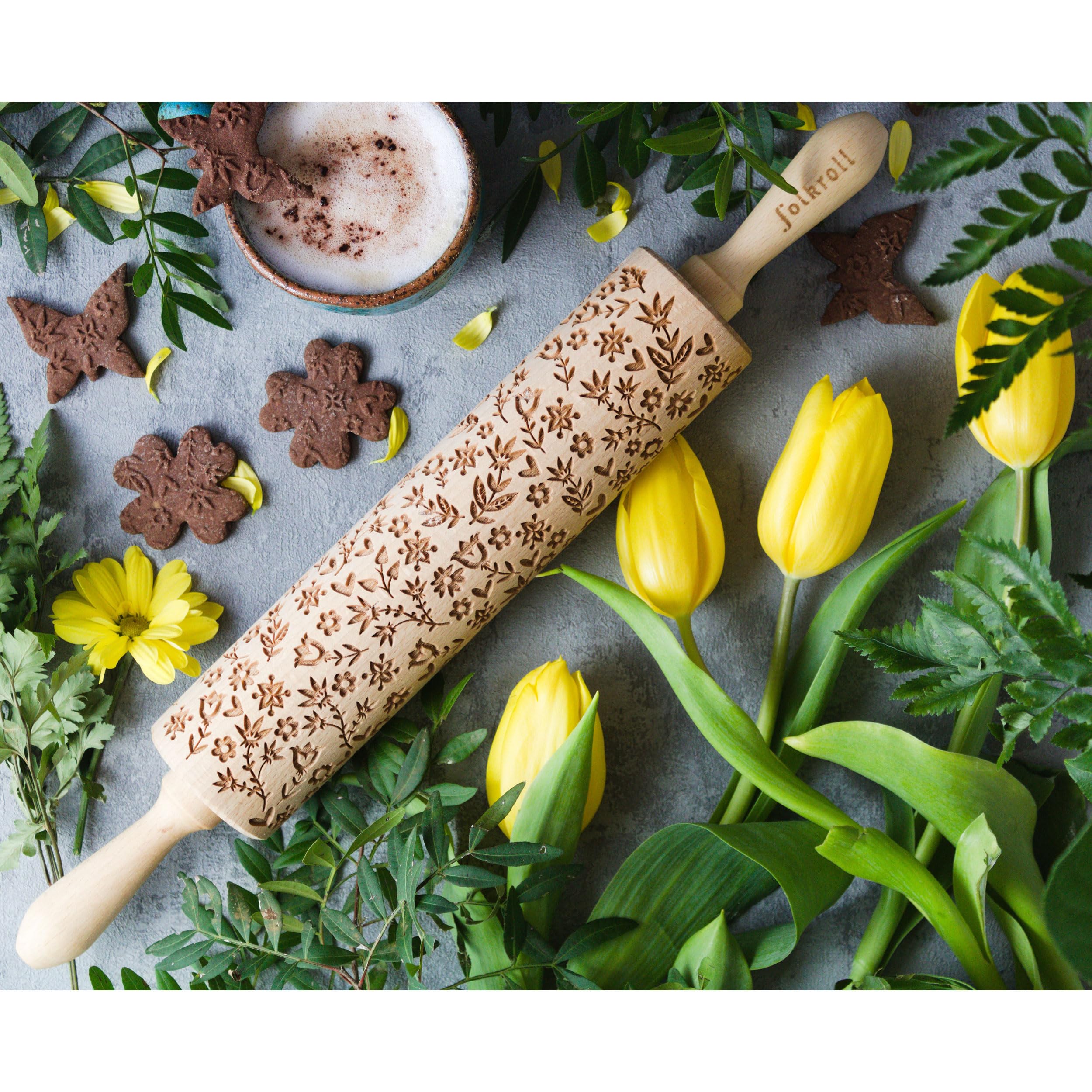 Rouleau à pâtisserie Flower Power Rouleau à gaufrer Motif Bois de hêtre Grand