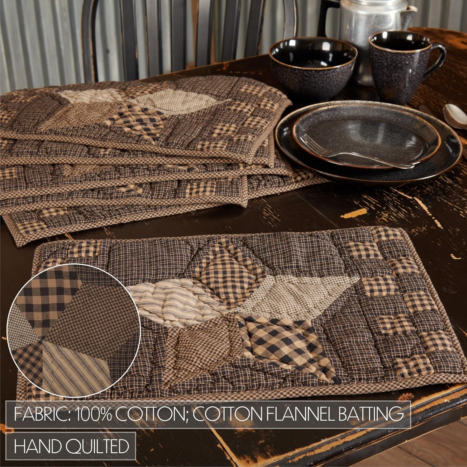 VHC Brands Farmhouse Star Cotton Primitive Tabletop Kitchen Hand Quilted Patchwork Placemat Set of 6, 12" x 18", Ebony Black, 12 Pack
