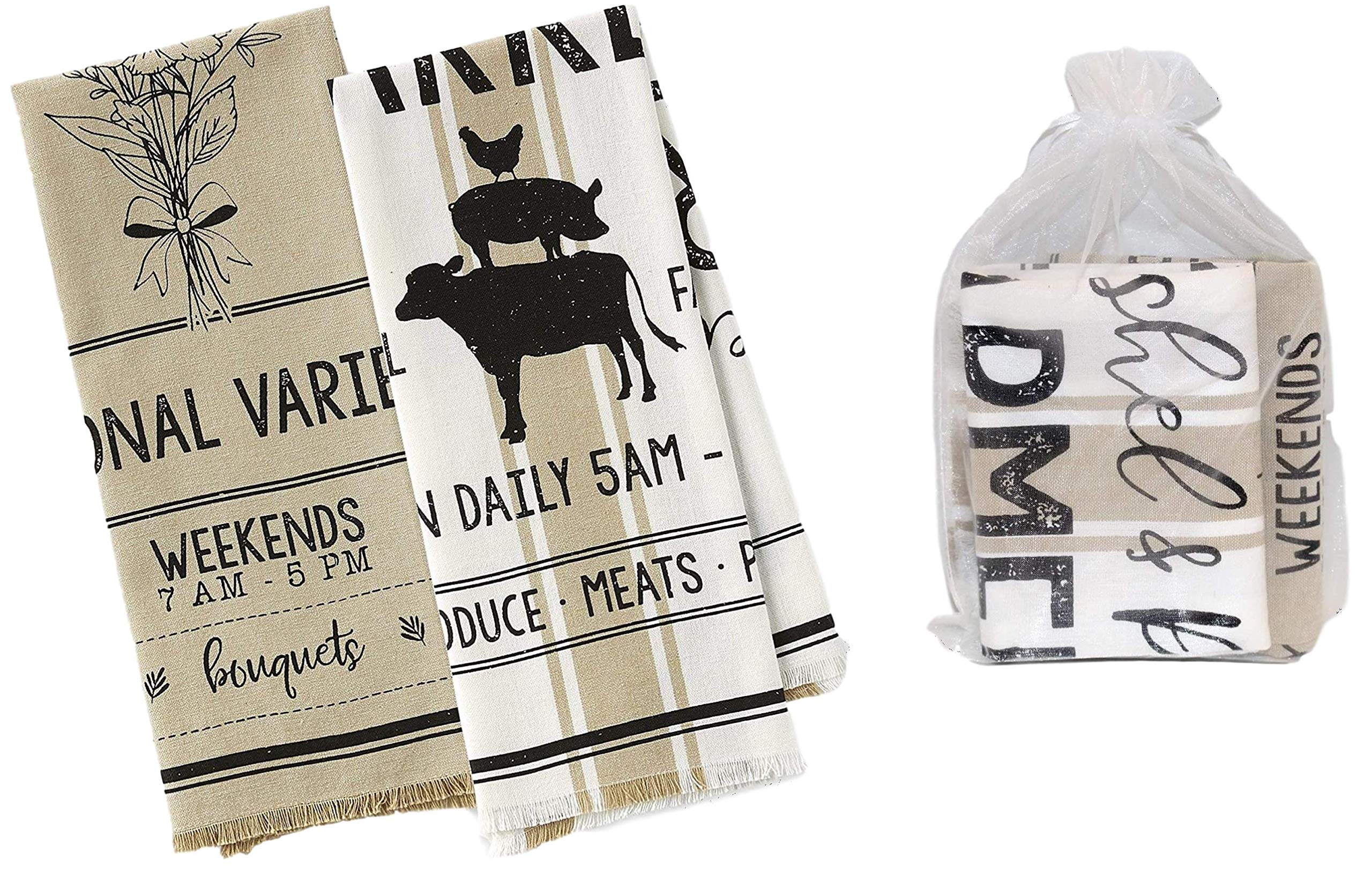 DIIDesign Imports Farmhouse Kitchen Dish Towels - Bundle Set of 2 in White Organza Bag - Going to The Market