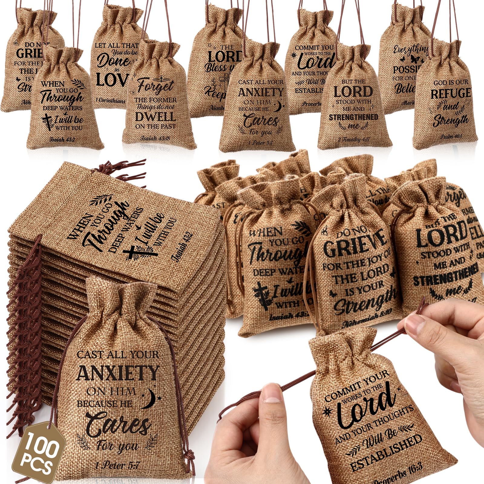 Wesnoy 100 Pcs Religious Gift Bag with Drawstring Bulk 4 x 6 Inch Burlap Christian Candy Gift Bag Small Bible Verse Goody Jewelry Pouch Bolsitas Para Recuerdos for Baptism Sunday School Church Gifts