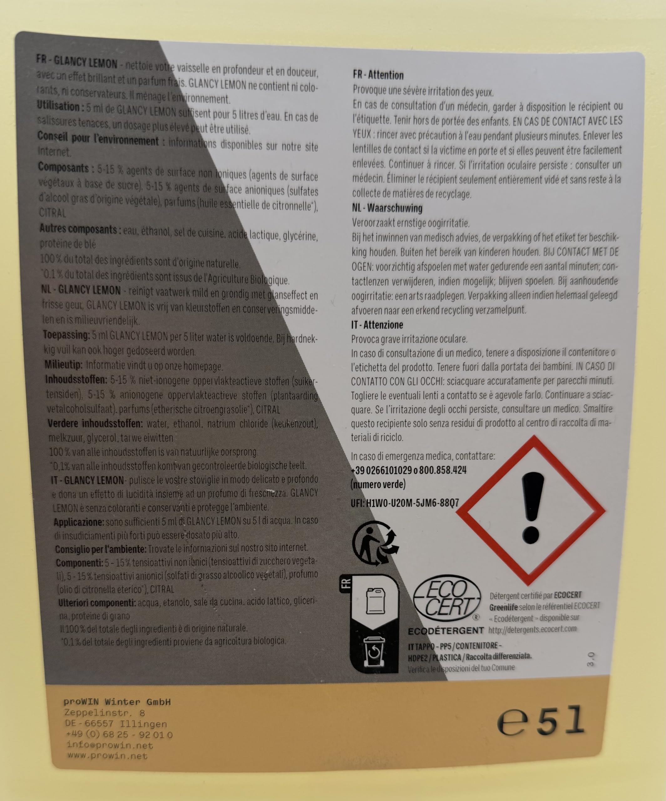 proWIN GLANCY LEMON 5L - Sparpreis - Spülcreme mit Zitronenduft