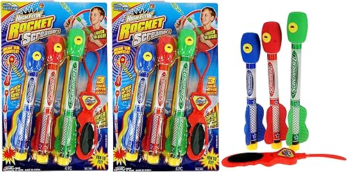 Miniatura 10 de JA-RU Sling Shot Rocket con sonido (1 juego de juguetes, 3 cohetes de espuma) Lanzador de banda de goma. Juguetes voladores de cohetes silbato.