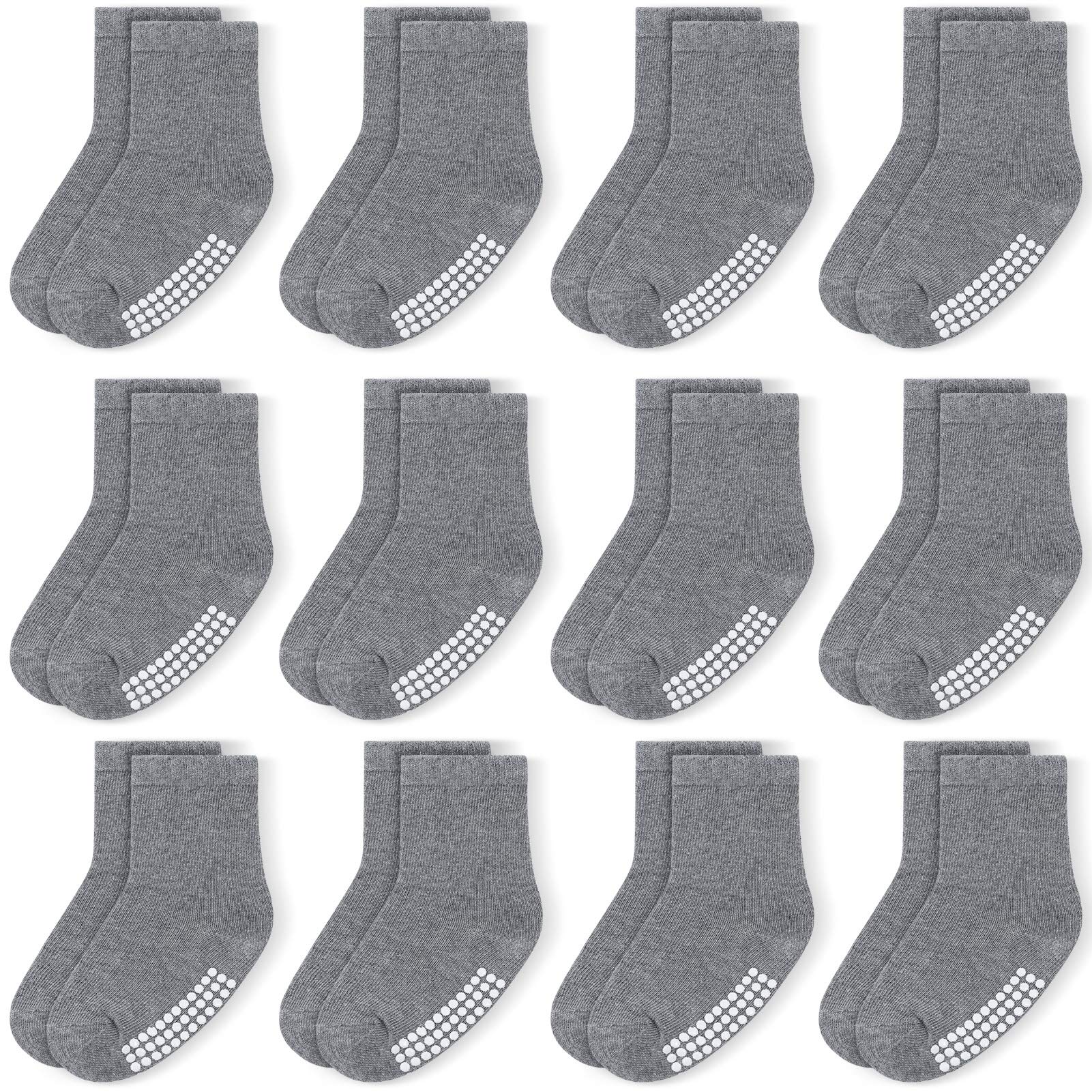 JAKIDAR 12 Pairs Baby Socks Cotton Crew Toddler Socks Grips Non Slip Bottom Kids Socks, Gray 2-4T