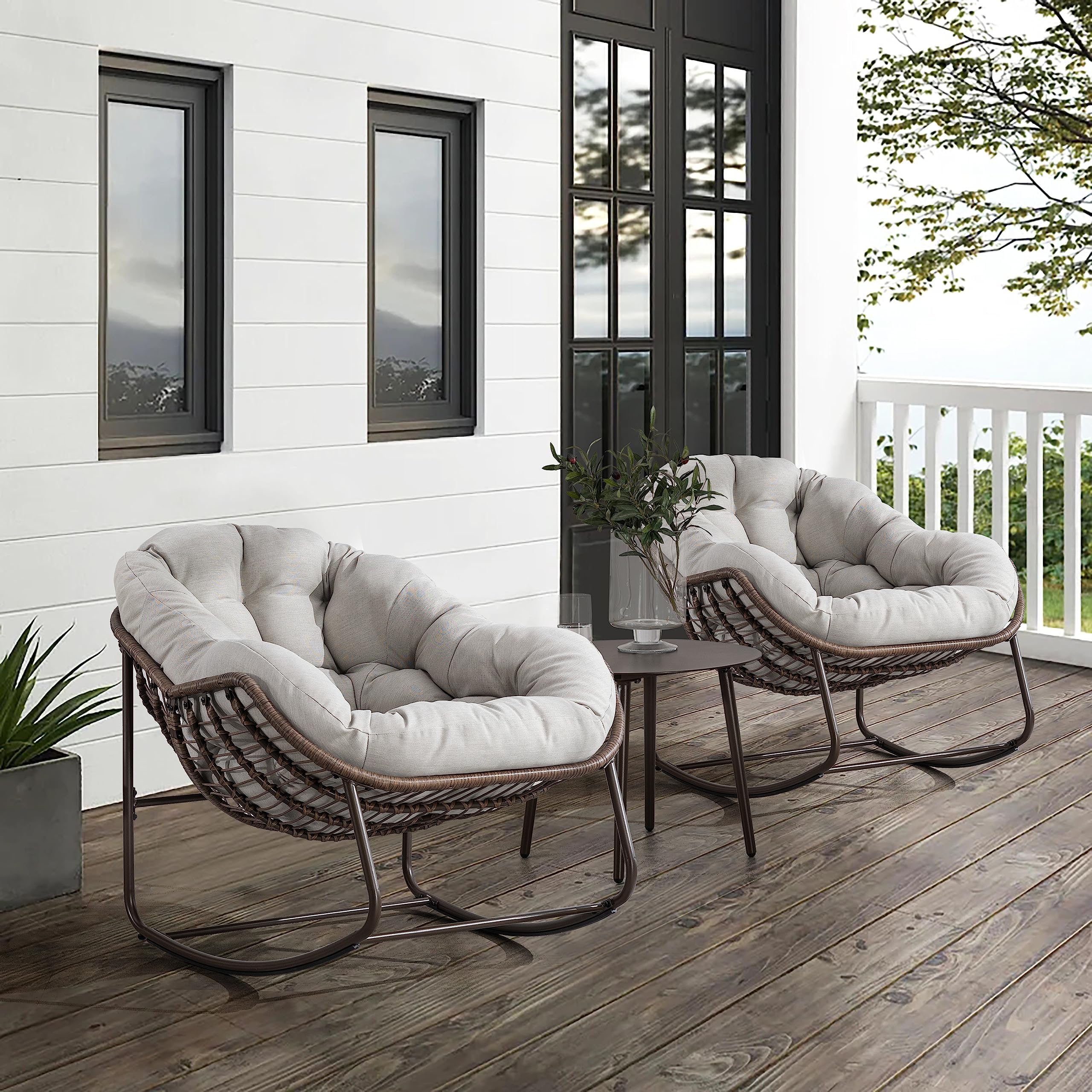 Large Indoor Outdoor Rocking Chair, Oversized Rocking Papasan Chair with Thick Cushion and Frame Outdoor Rocker, Comfy Wicker Egg Chairs Lounge for Outside Porch Patio Backyard (Beige, Set of 2)