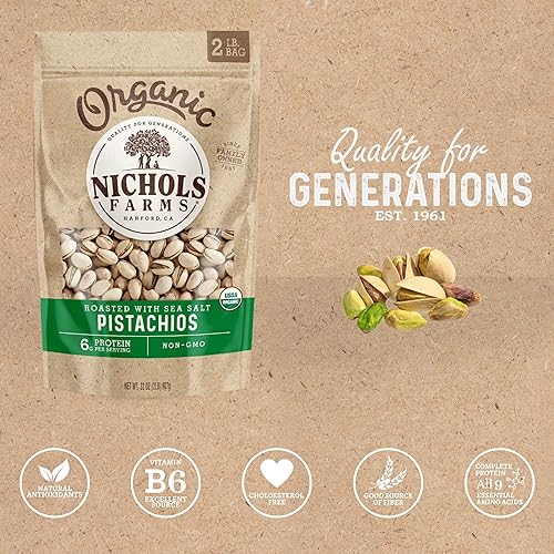Vista 17 de Nichols Farms Pistachos cultivados en California, InShell, paquetes de aperitivos ricos en nutrientes, ajo tostado, 2 libras