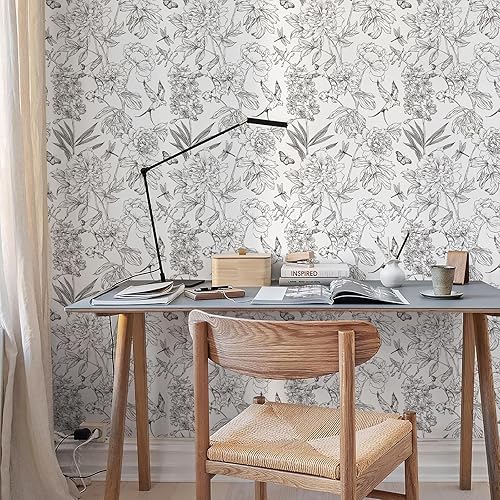 Miniatura 7 de JiffDiff Papel tapiz floral en blanco y negro diseño de peonías removibles despegar y pegar papel tapiz floral con bocetos autoadhesivo prepegado