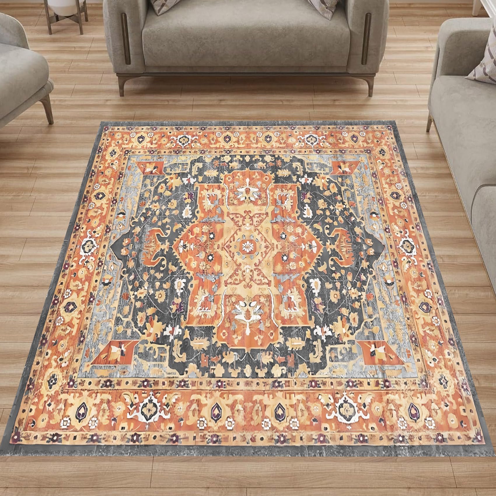 Tapis carré traditionnel floral 200x200 pour salon salle à manger tapis jaune noir