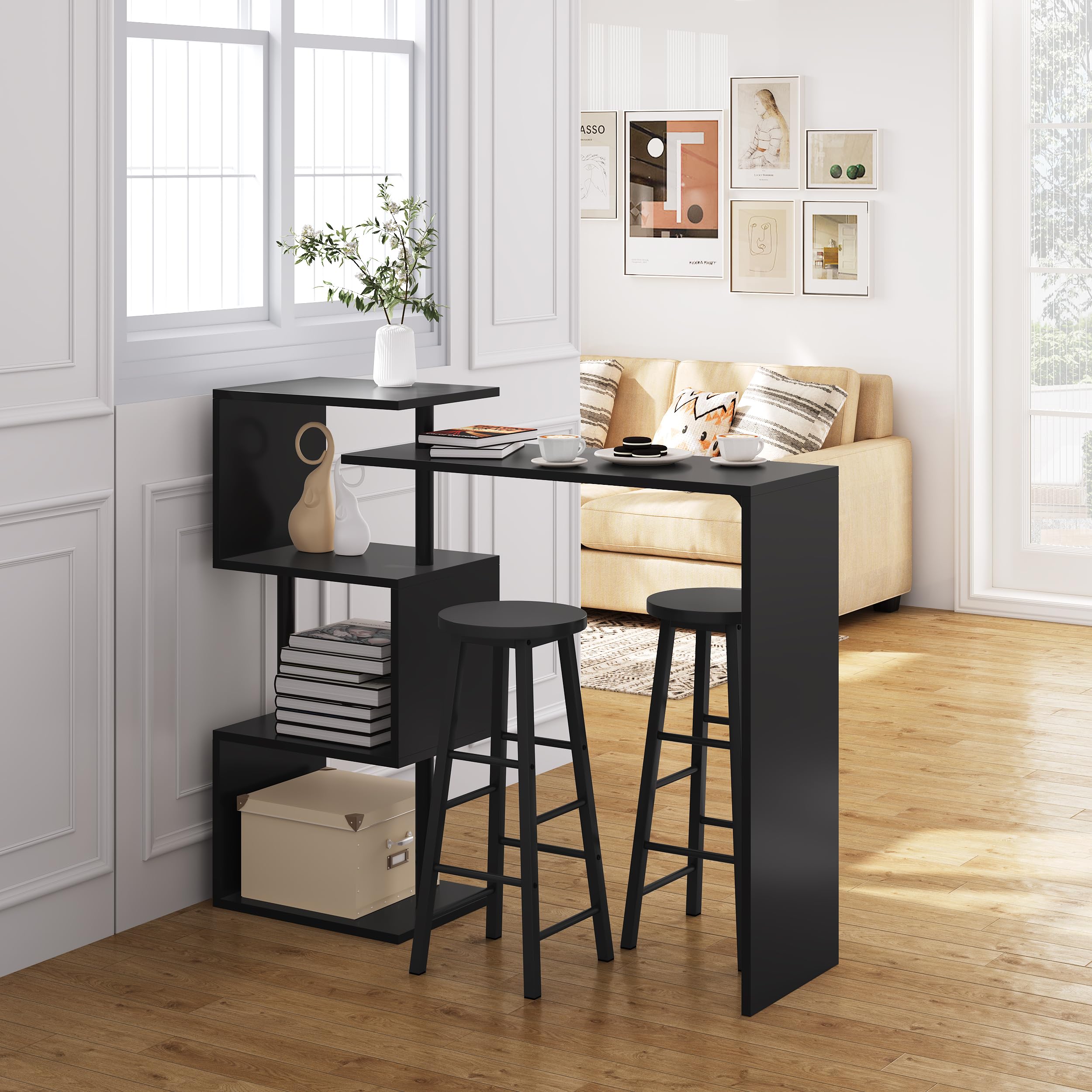 WOLTU Bartisch Stehtisch Bistrotisch Bartheke Tresentisch, mit 3 Ablagefläche, drehbar, Metall, MDF, 134x112x38cm(BxHxT), Schwarz