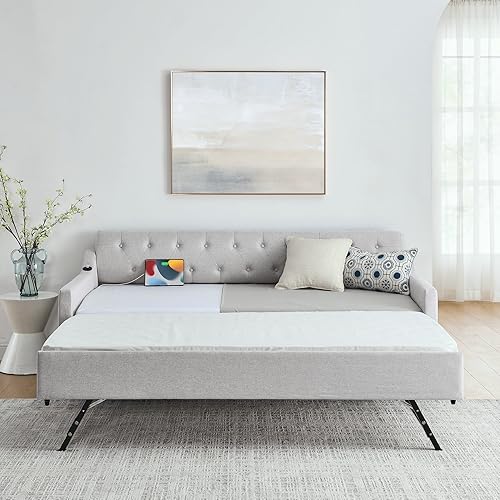 KEIKI Twin Size Upholstery Daybed with Trundle and USB Charging