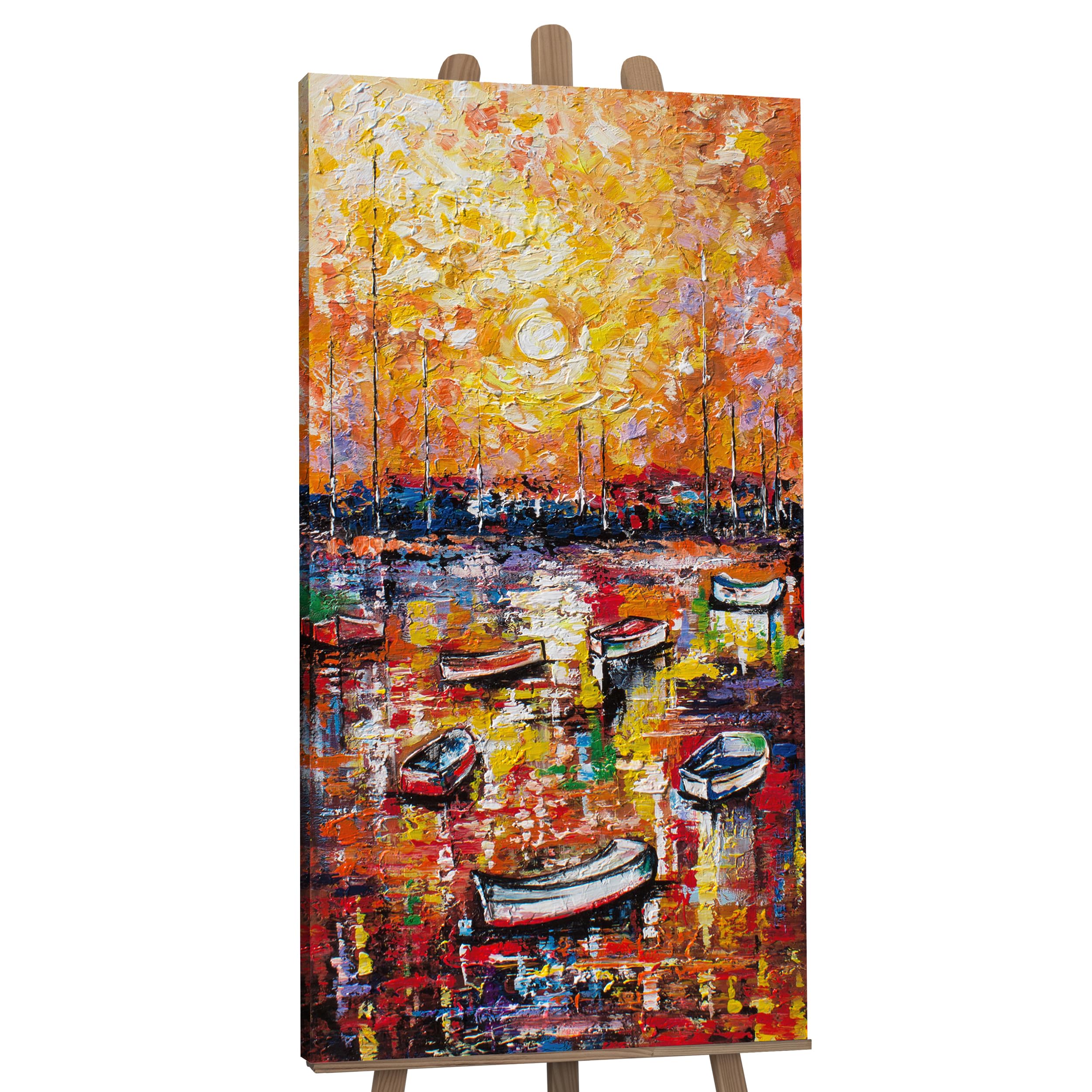 YS-Art XXL Abstrakt Acryl Gemälde auf Leinwand Hafen handgemalt Wandbilder Wohnzimmer modernes Design Bilder Dekoration Boote orange echte Kunstwerk 120x60 cm