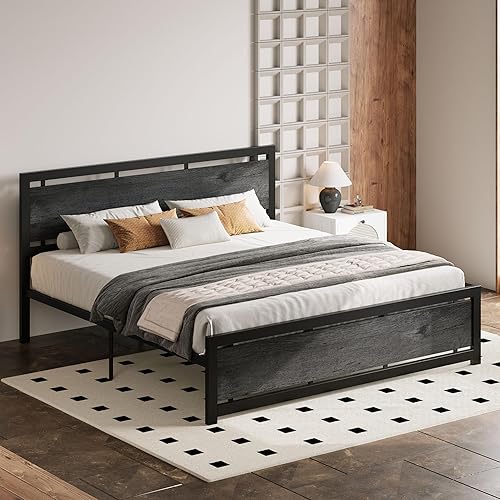 Miniatura 27 de LIKIMIO - Base de cama de plataforma tamaño King con cabecera de madera estilo industrial y 12 fuertes patas de metal de soporte, fácil de montar,