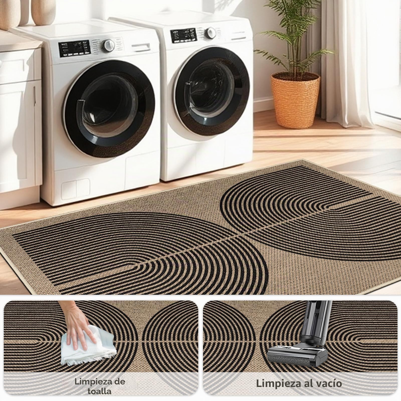Capslpad Alfombra para salón, 160 x 230 cm, aspecto de yute, alfombra de cocina, lavable natural, alfombra negra, antideslizante, para dormitorio, balcón, entrada, comedor, oficina, decoración