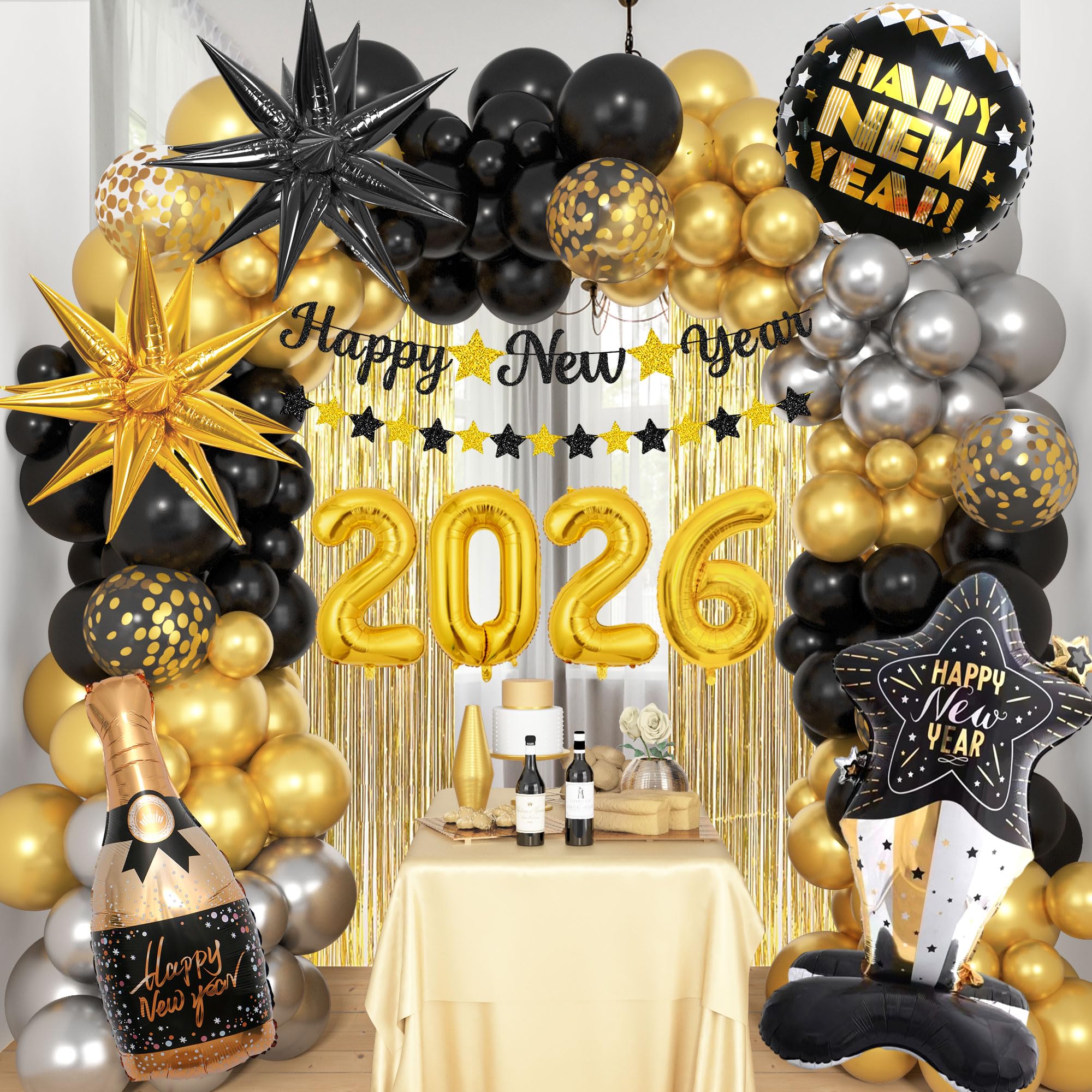 124 pcs 2026 New Years Eve Balloons Arch Kit, 2026 Balloons with Happy New Year Banner, 2026 Foil Balloon, Gold Fringe, Black Gold Latex Balloon for New Years eve Decorations.
