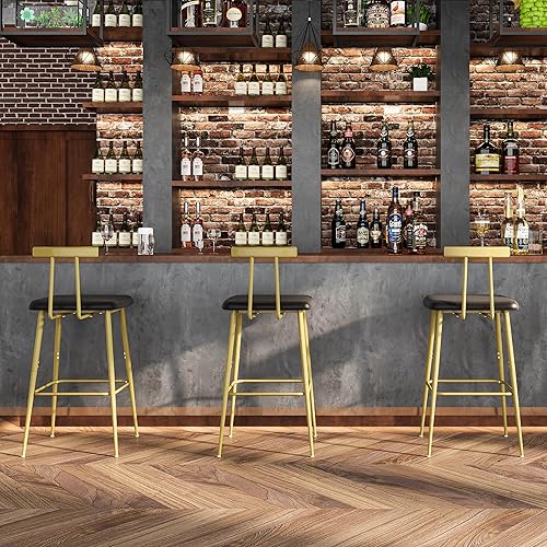 Miniatura 7 de Juego de 2 taburetes de bar altos con respaldo y reposapiés, sillas de bar de altura de mostrador, taburetes de bar industriales con cojín de piel