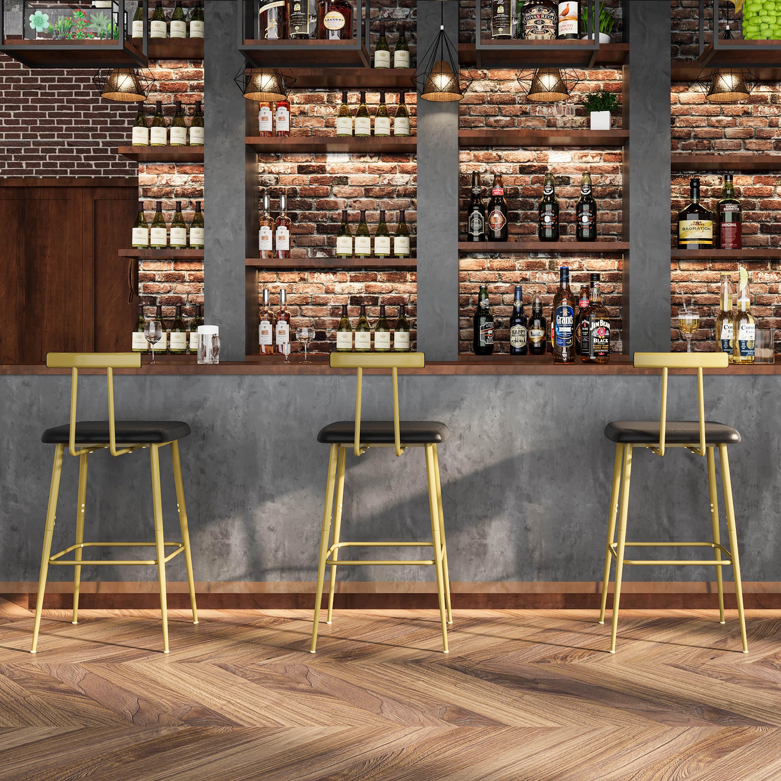 Taburetes Bar Juego de 2 Taburetes Altos Cocina Modernos con Respaldo y Reposapiés Base de Metal con Asiento Acolchado de PU para Isla Mostrador Restaurante y Bistro Dorada KBS515GC