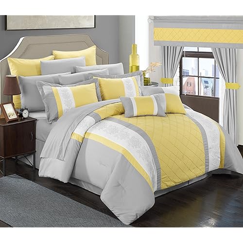 Chic Home CS5270-AN 24 Piece Danielle Complete Pin Tuck Embroidery Color Block Bedding, King, Yellow