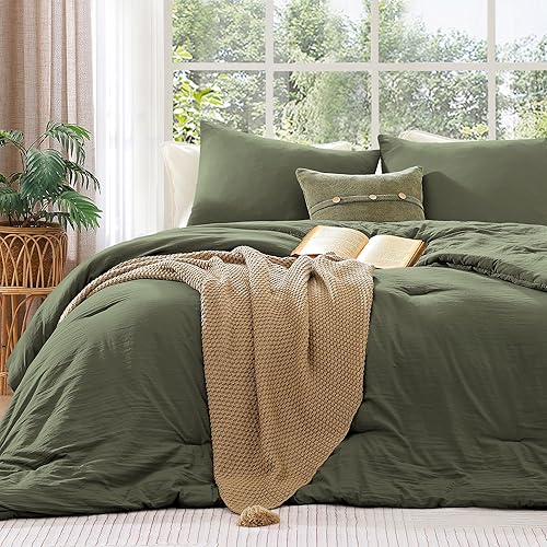 Miniatura 23 de WRENSONGE Juego de edredón Queen – Edredón de 3 piezas prelavado verde oliva, suave y ligero para todas las estaciones, edredón alternativo de 01-