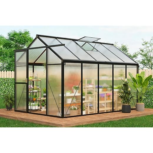6x10 FT Greenhouse for Outdoors, Polycarbonate Greenhouse with Roof Vent, Ground Nails, Lockable Push Door, Aluminum Large Walk-in Green House for Outside Garden Backyard, Patio, Lawn, Black