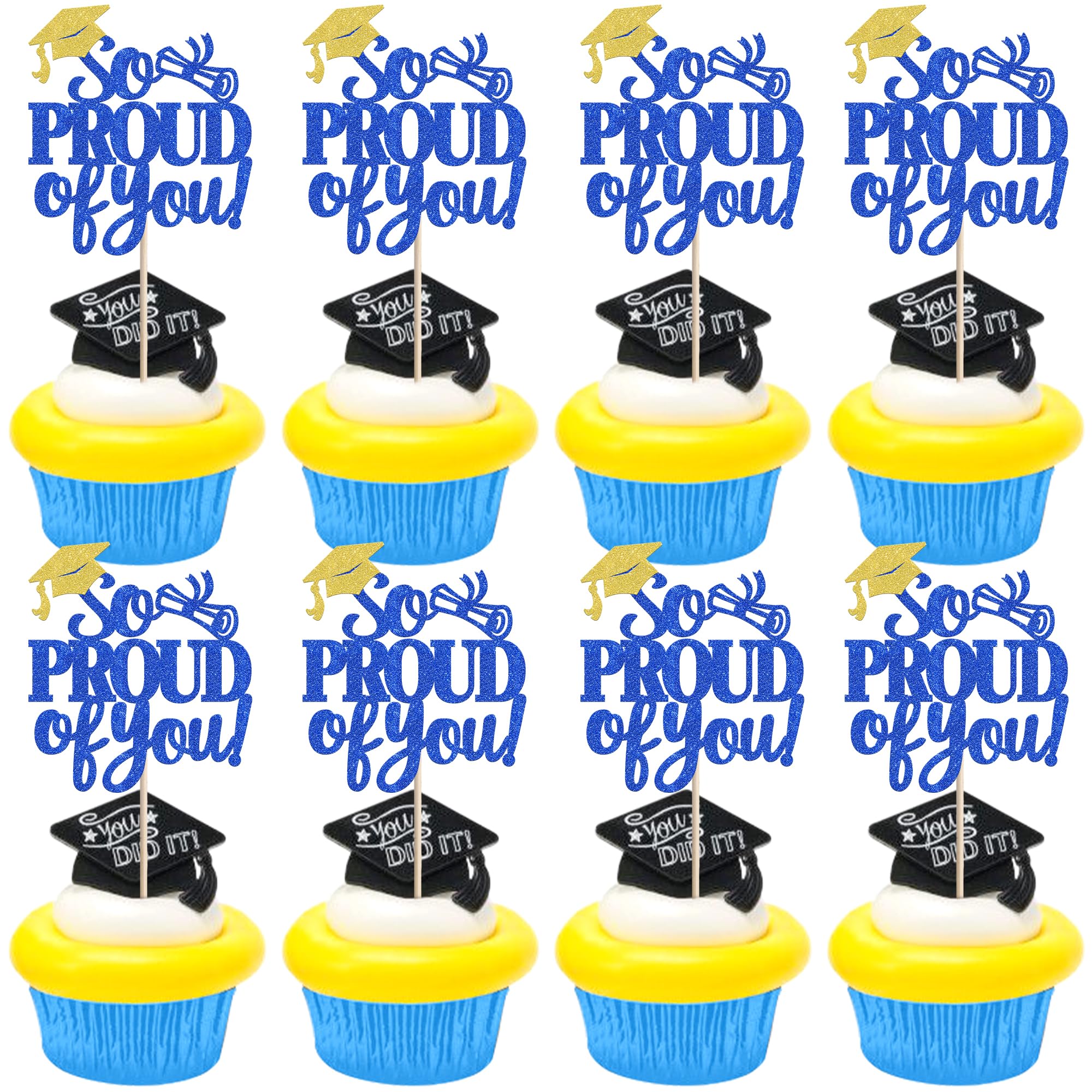 SYKYCTCY 24 Pack So Proud of You Cupcake Toppers Glitter 2026 Graduation Cupcake Picks Congrats Grad Cap Class of 2026 Cake Decorations for 2026 Graduation Theme Party Supplies Blue — image 1