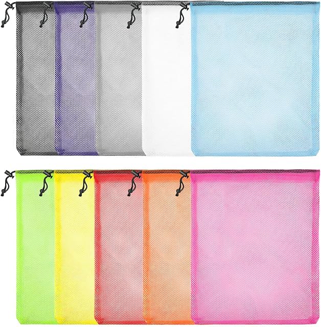 10Pcs Mesh Bag Colorful Drawstring Mesh Bags Laundry Bag Ball Bag Mesh Stuff Sack Storage Bag Multi Functional Nylon Mesh Bag for Sport, Swimming, Beach, Travel, Gym, Camping, Training (13'' x 16'')