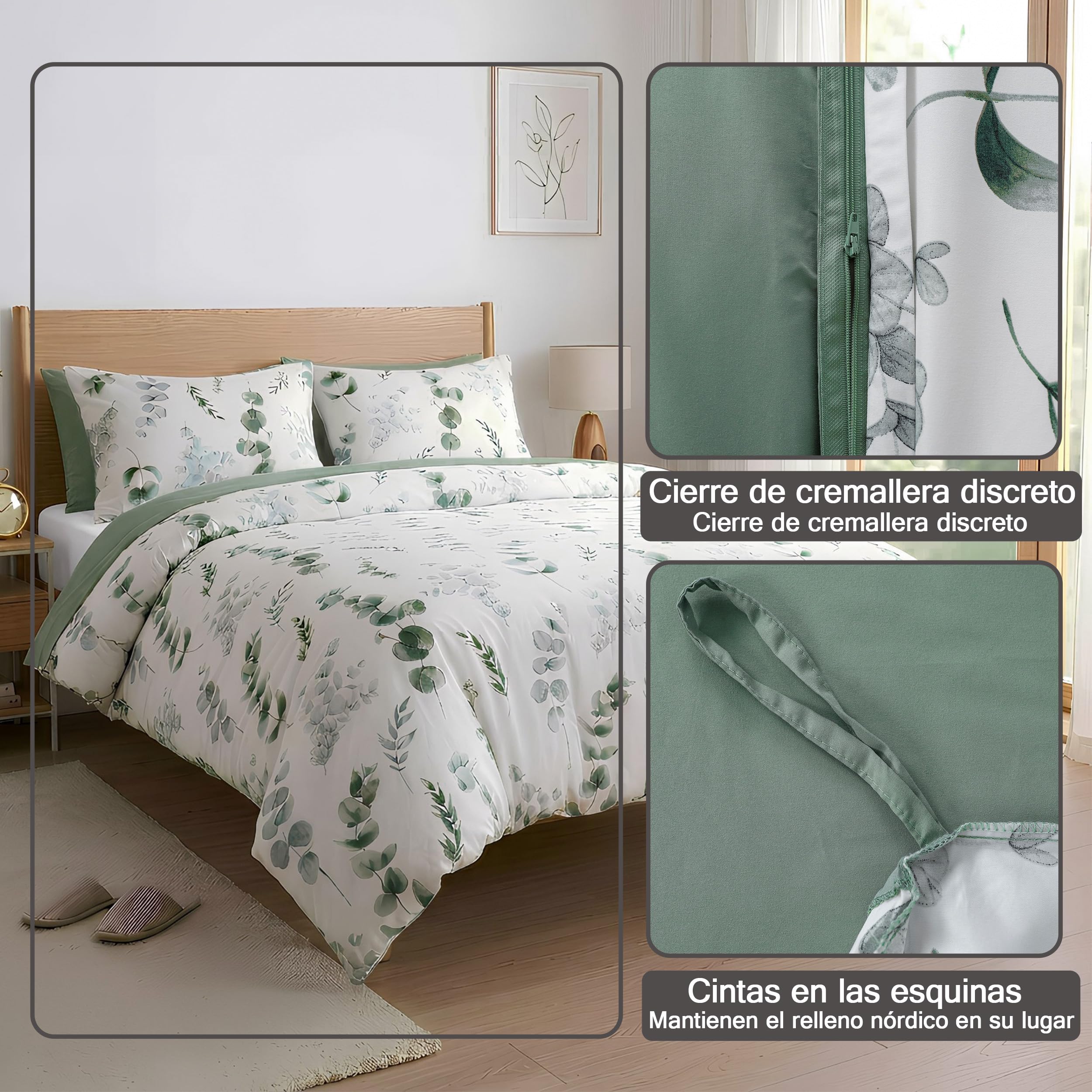 Etrexonline Juego de Funda Nórdica 3 Piezas Cama 150 Microfibra Suave Transpirable - 1 Funda Edredón 220x240 cm y 2 Fundas de Almohada 50x75 cm (Eucalipto) — view 4