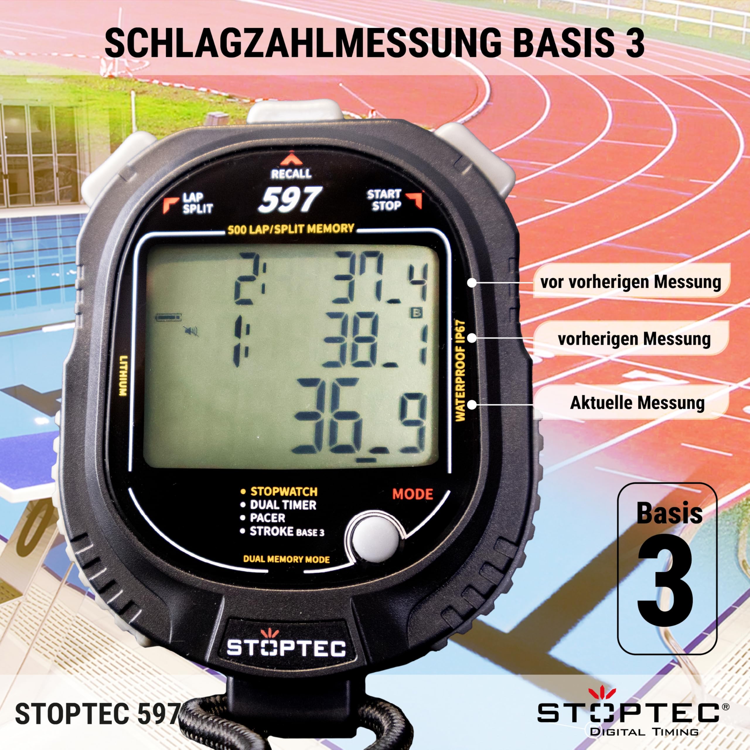 Stoptec - Cronometro 597, grande display a 3 righe, meccanismo a punti di pressione, 500 memoria, doppio timer, pacer, misurazione del numero di colpi, display e suono acceso e disattivabile