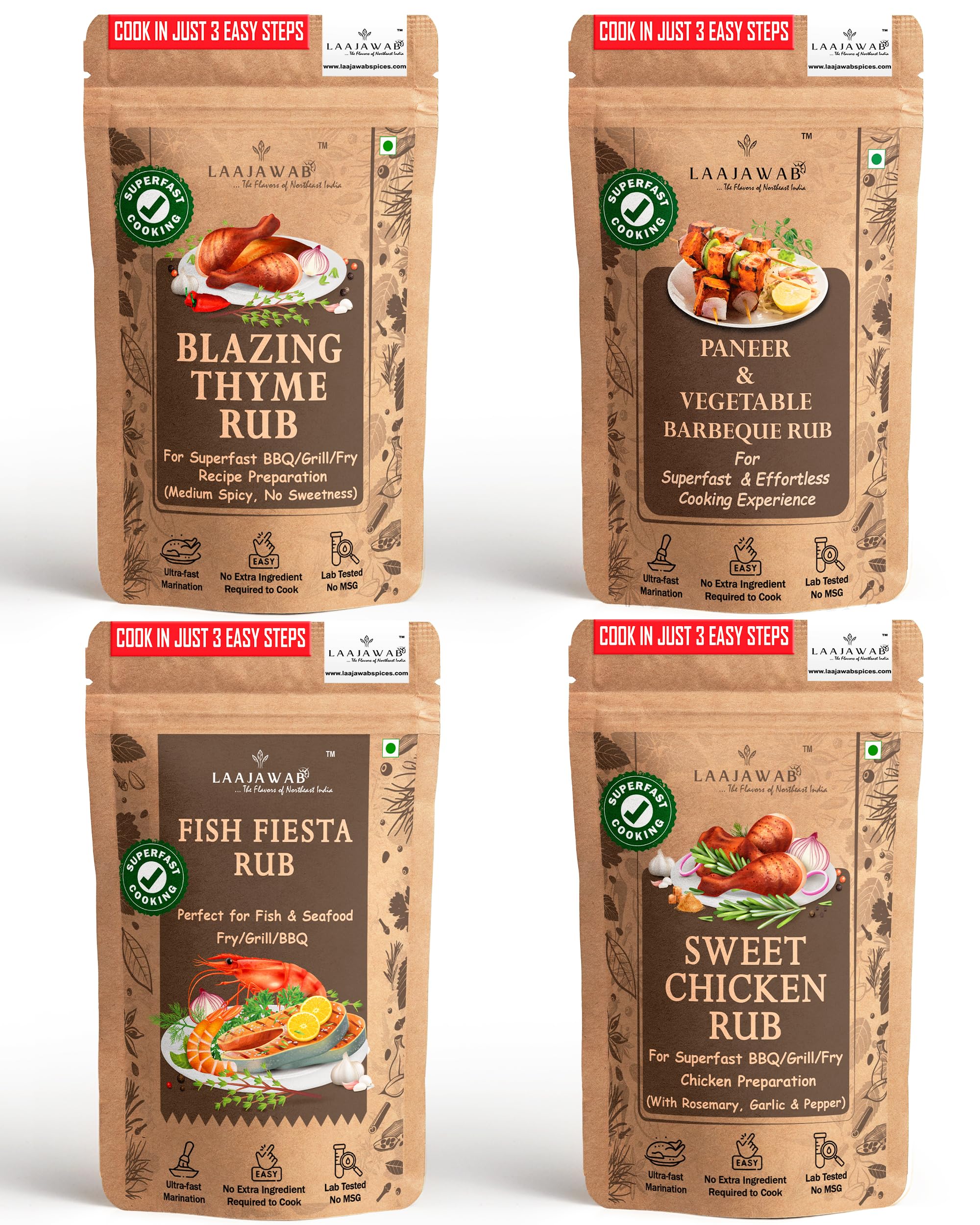Laajawab All-in-One Barbeque Marinade Rubs Trial Combo Pack of 4; Blazing Thyme, Paneer & Veg, Fish & Seafood and Sweet Rosemary Rubs | Delicious & Superfast Cooking of BBQ/Grill/Fry Recipes; 50g x 4