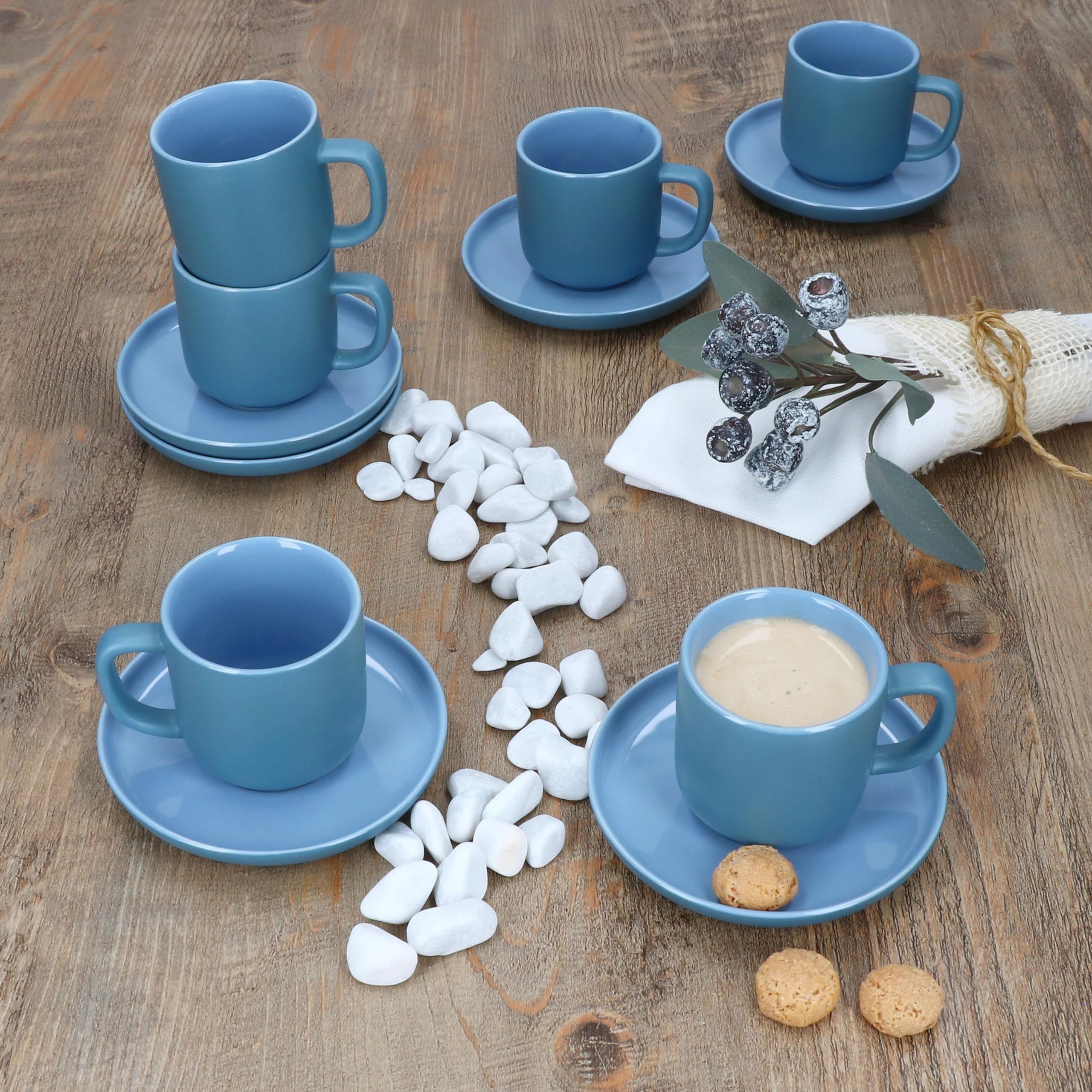 Ritzenhoff & Breker Jasper - Set di 6 tazze da caffè con piattini blu oceano, per 6 persone, in gres, per colazione e caffè, 6 tazze piccole da 70 ml, altezza 6 cm e piattini