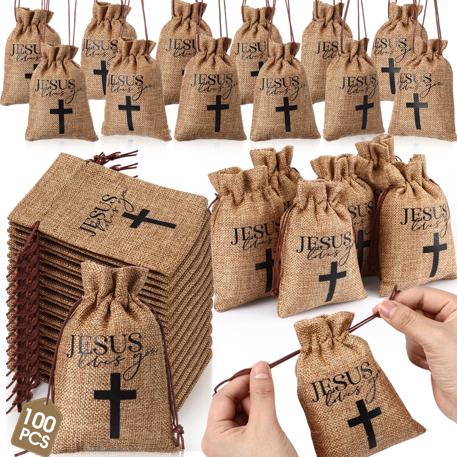 100 Pcs Jesus Loves You Gift Bags with Drawstring Bulk 4 x 6 Inch Christian Burlap Jute Gift Bags Small Religious Goody Cross Jewelry Pouches for Baptism Sunday School Church Gifts Party Favors โ image 1
