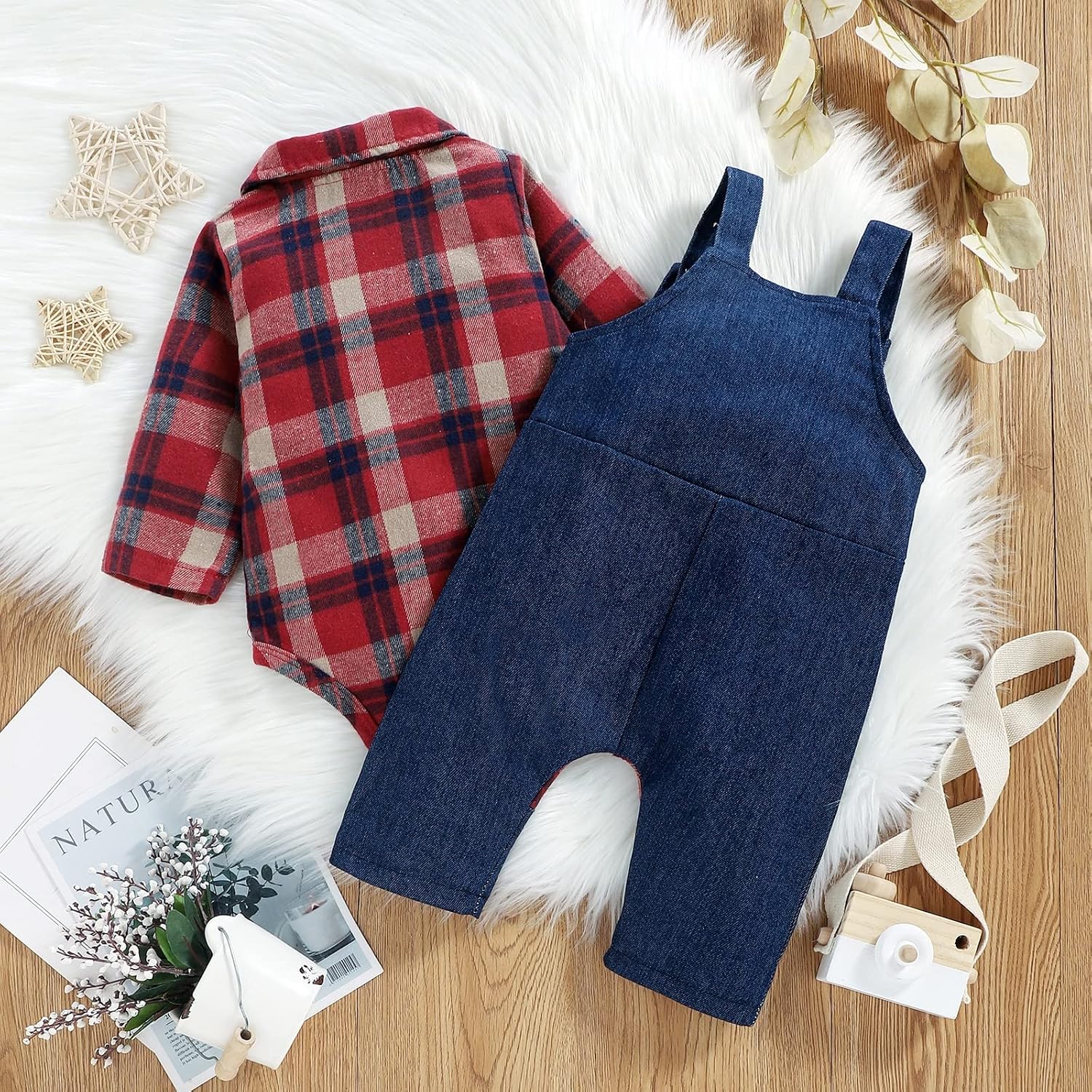 Baby Boy Clothes Infant Outfits Long Sleeve Plaid Bodysuit Romper + Jeans Overalls Jumpsuit Pants Sets image 3