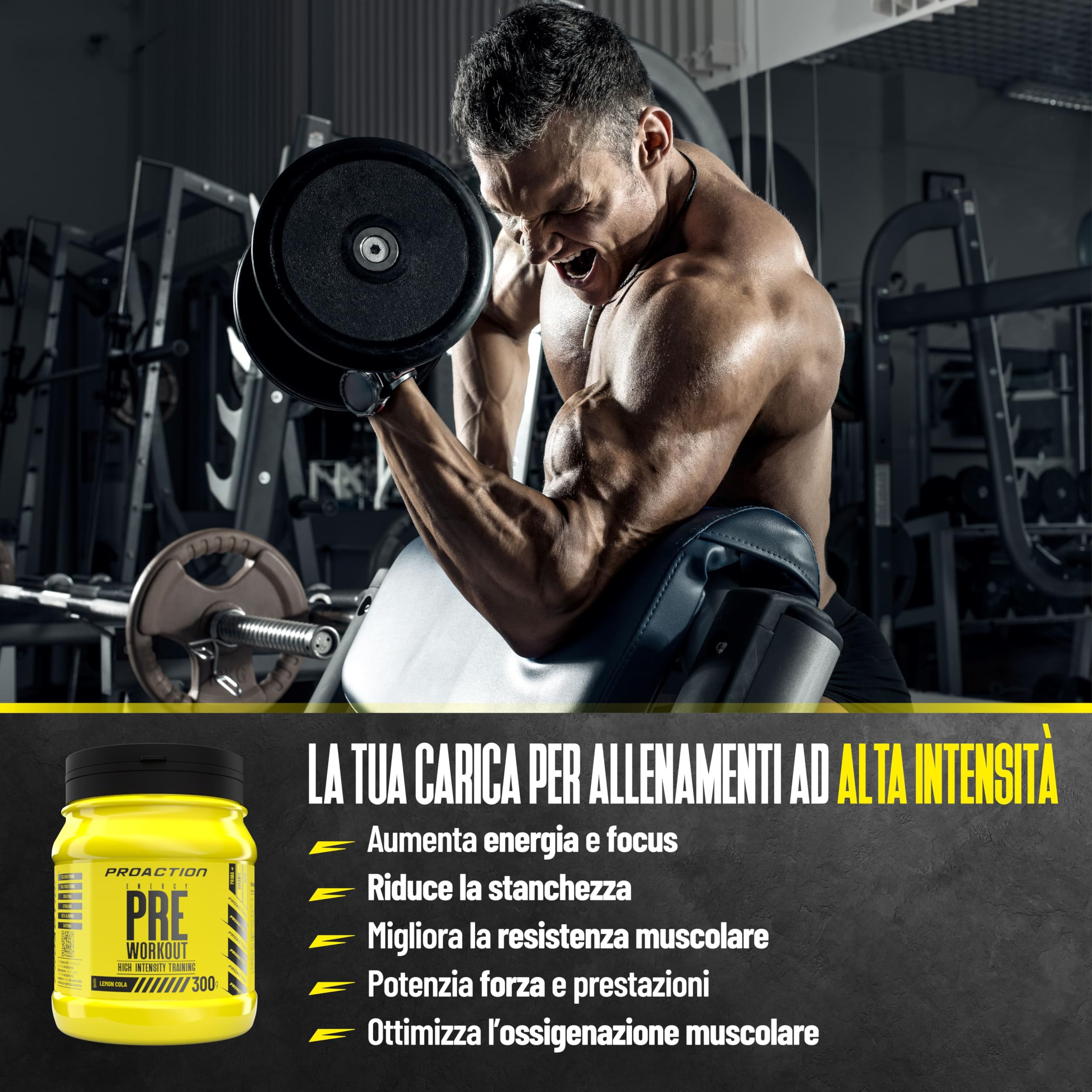 ProAction Pre Workout Potente | Integratore Preworkout con Creatina, Citrullina Malato, Beta Alanina e Caffeina | Boost di Energia e Resistenza per Bodybuilding, Sport e Fitness | 20 Porzioni | 300g