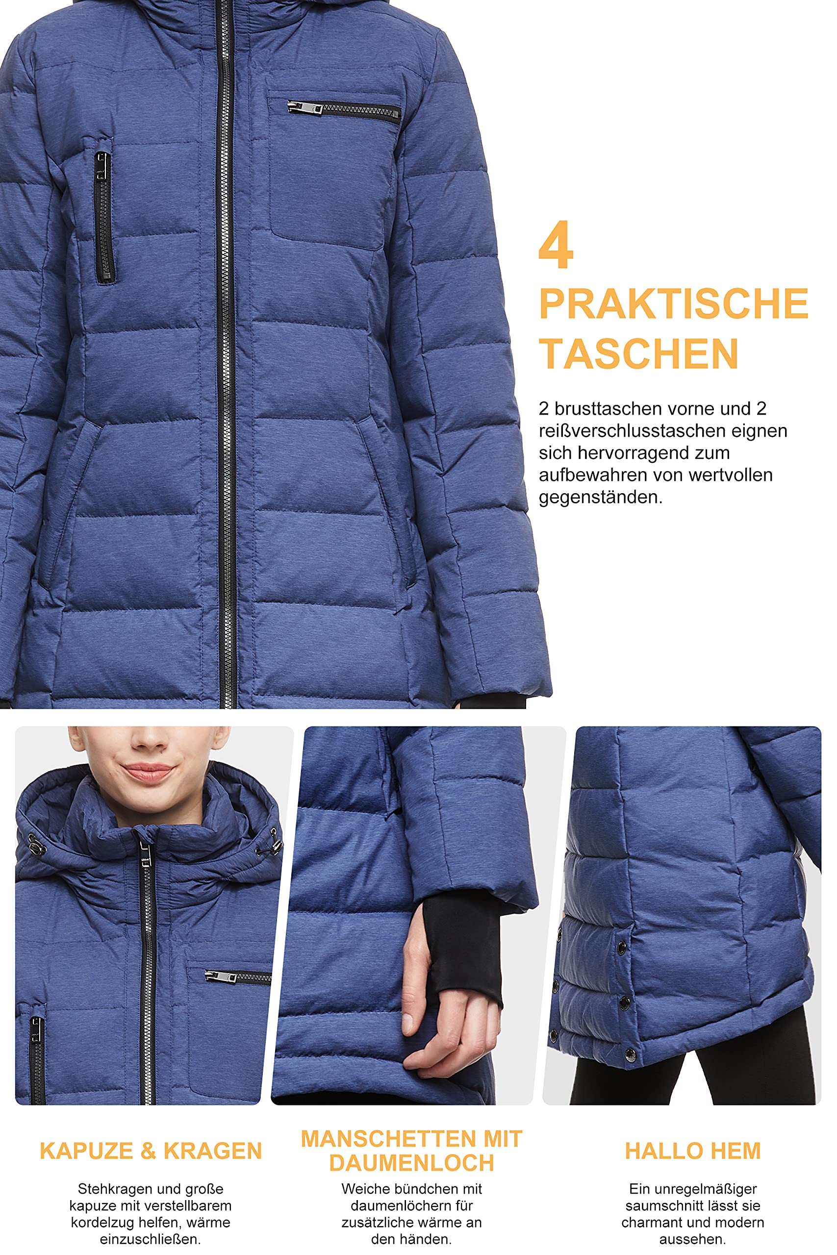 Orolay Damen Daunenjacke mit Kapuze Mittellanger Outwear Mantel Leichte Gesteppte Winddichte Jacke