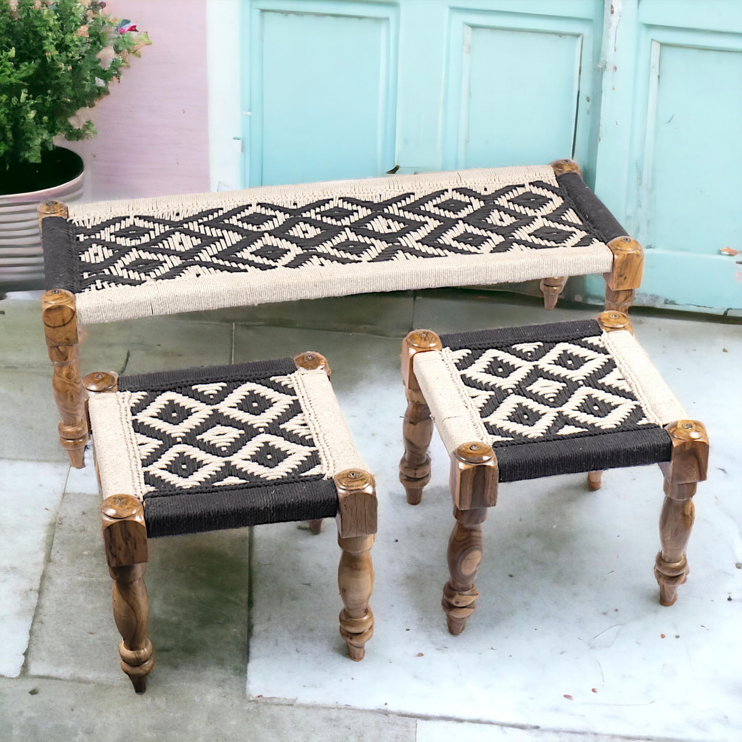 Ikiriya Sheesham Wood Maachi Bench Set with 2 Stools for Home Living Room and Outdoor -(Classic Black & White Canning) - 48 x 17 x 16 Inch