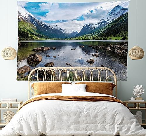 Miniatura 5 de Ambesonne Tapiz de naturaleza tamaño King, montañas, río y cielo abierto, bellezas naturales de Noruega, Fiordos de Noruega, paisaje nórdico, colcha