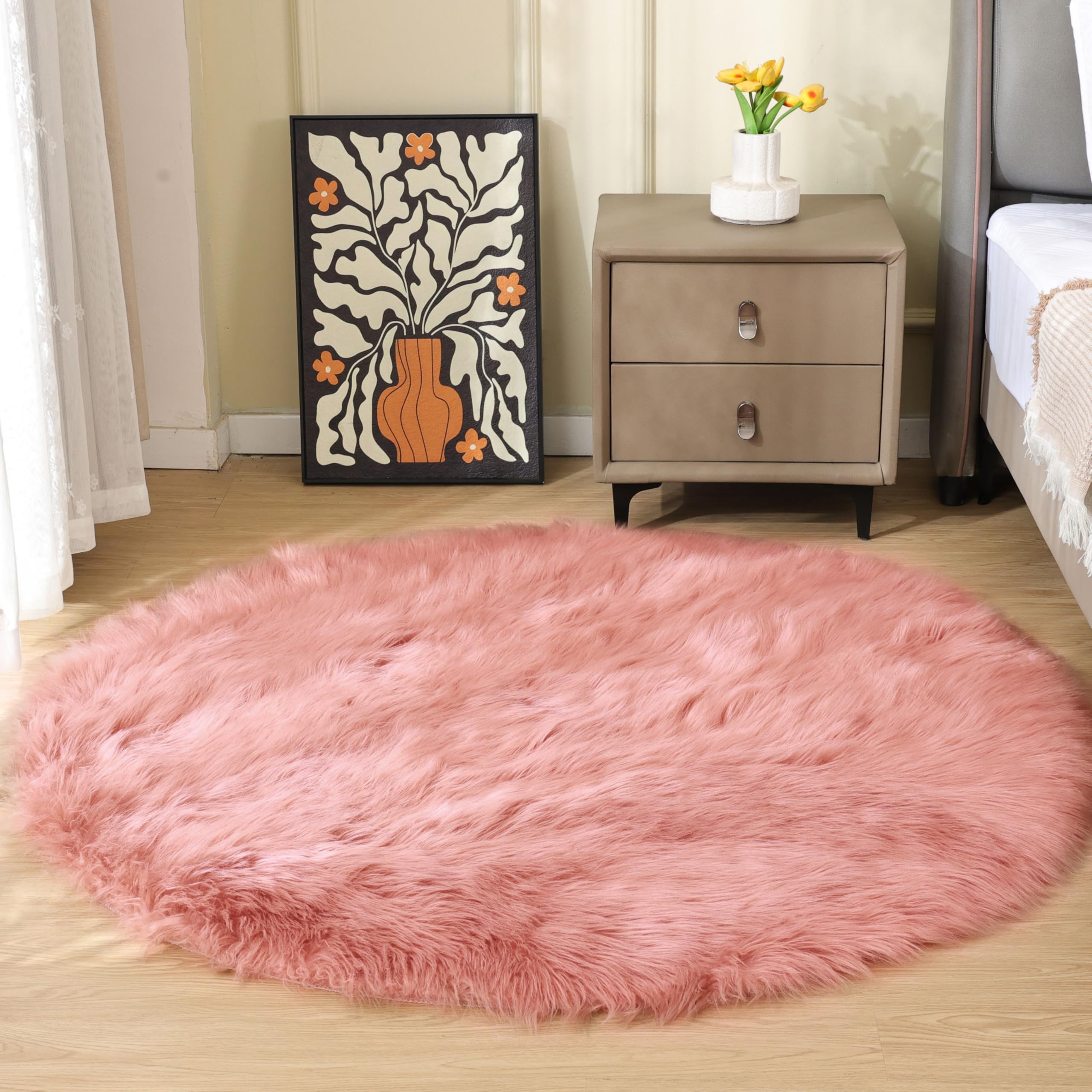 Tapis fluffy shaggy rose 150 cm ORINOVA fausse fourrure salon et chambre