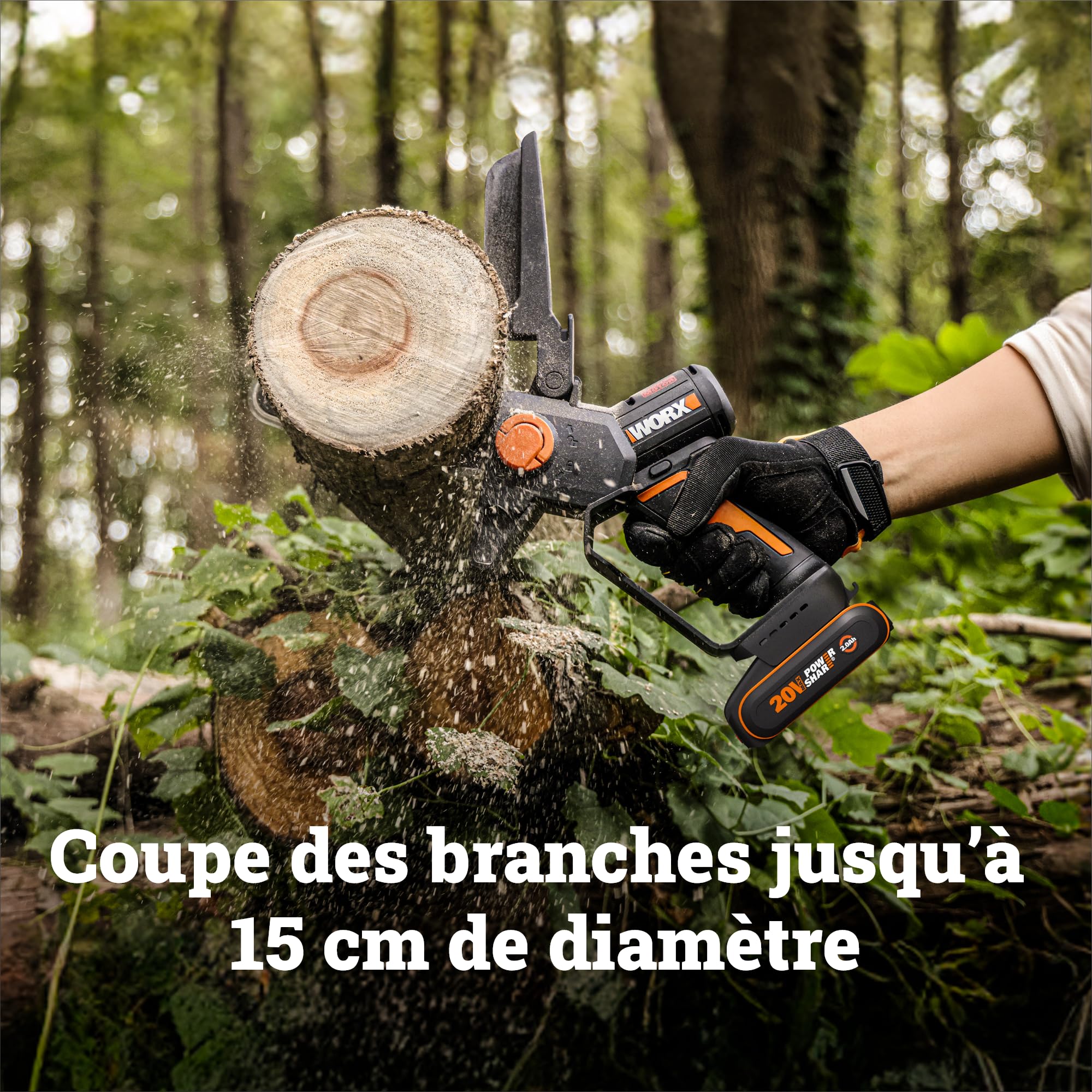 WORX Élagueuse Mini Tronçonneuse sans fil 20V WG327E.9, guide de 15 cm, moteur brushless, lubrification et tension automatique, compacte et ergonomique, livrée sans batterie ni chargeur