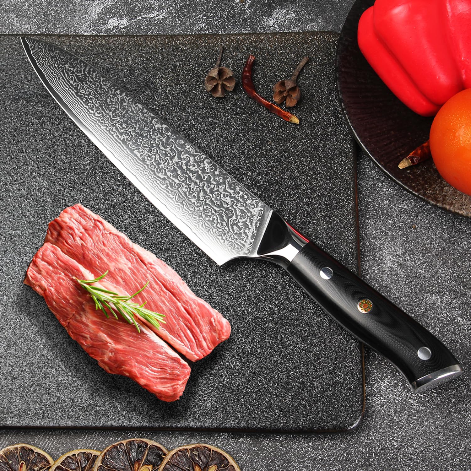 Home Safety Cuchillo de chef de damasco, Japones profesional de Acero Damasco de 67 Capas, de 20cm, Mango de Material G10