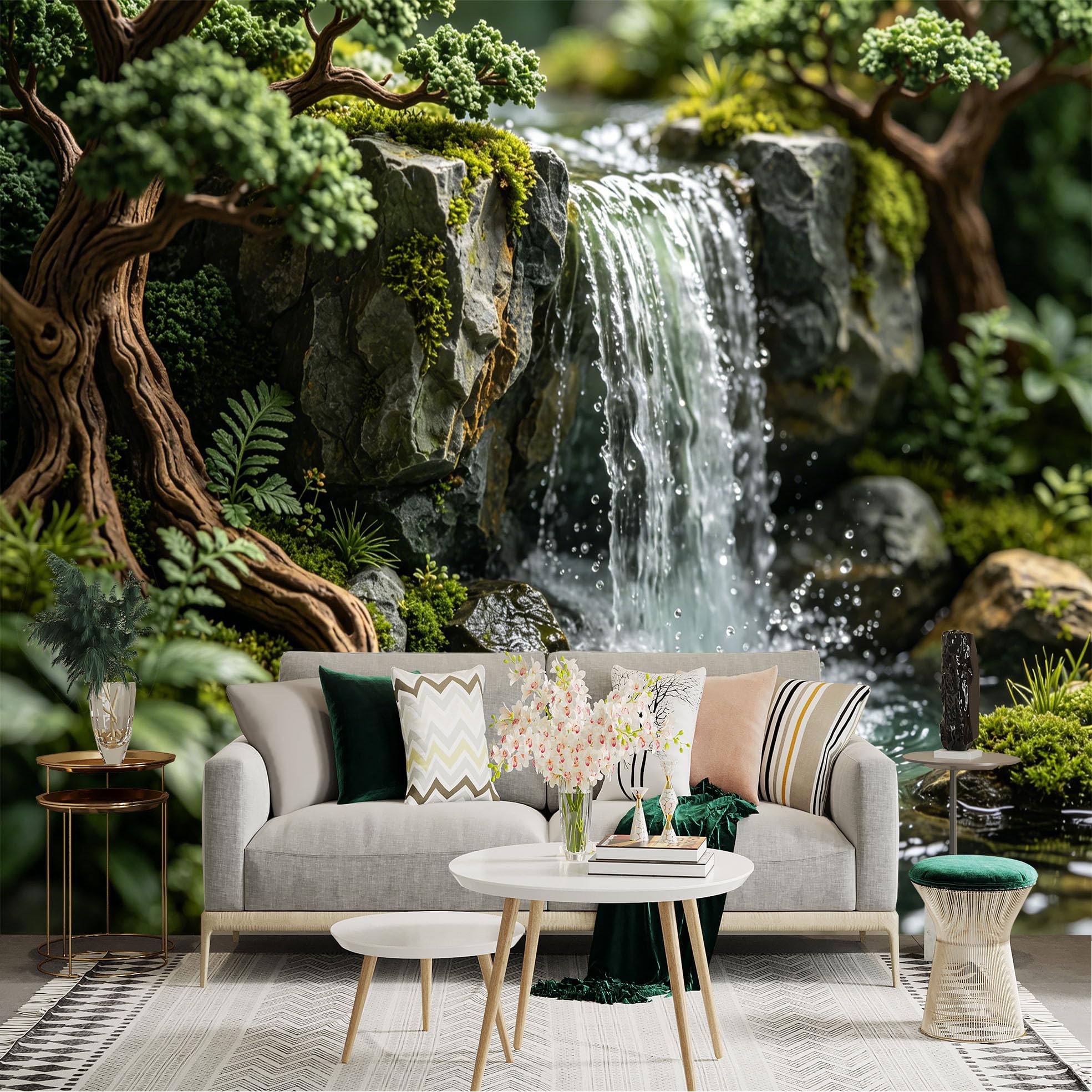 Lnzczhyre Dbh260521217 Custom Size Wall Sticker Mural， Cascading Forest Waterfall， Mossy Rocks And Ancient Trees， Serene Zen Nature Scenery， For Wall Decoration， Peelandstick Wall Decals.