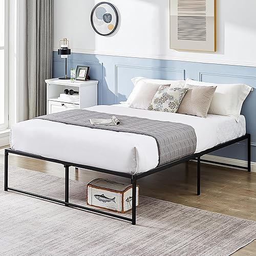 VECELO Base de cama de plataforma metálica de 16 pulgadas base de colchón no necesita somier soporte de listones de acero resistente tamaño queen