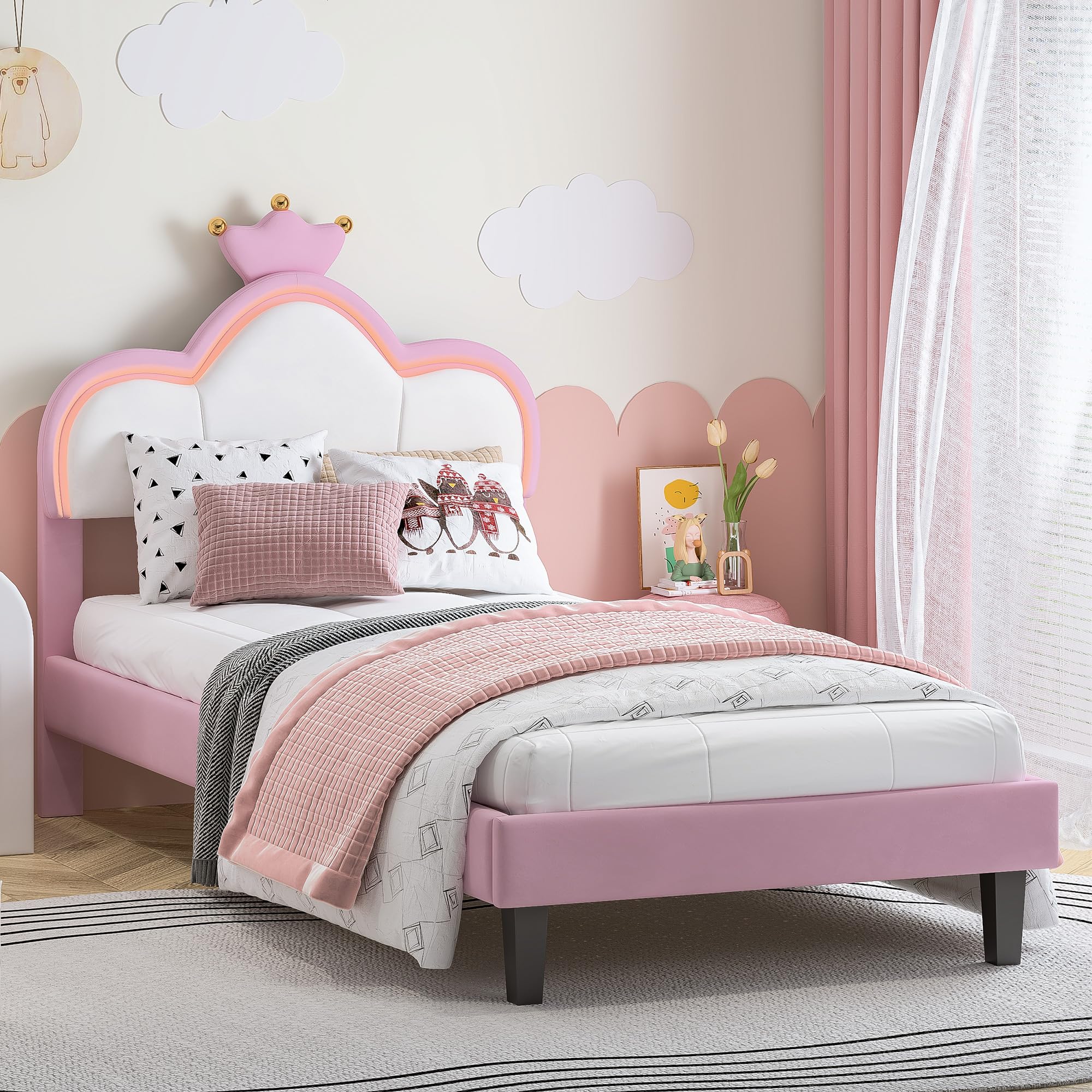 Letto singolo imbottito 90x200 cm per bambini, letto per bambine con illuminazione a LED e controllo tramite app, letto per bambini dal design a corona, testiera regolabile in altezza