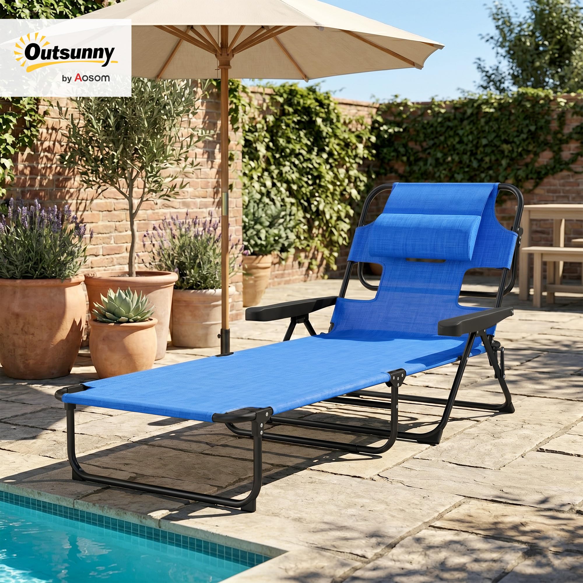 Outsunny Lettino da Sole Schienale Regolabile Sdraio Pieghevole Blu Scuro | a 4 Livelli, con Cuscino, Foro per il Viso, Tessuto Traspirante, Struttura in Acciaio