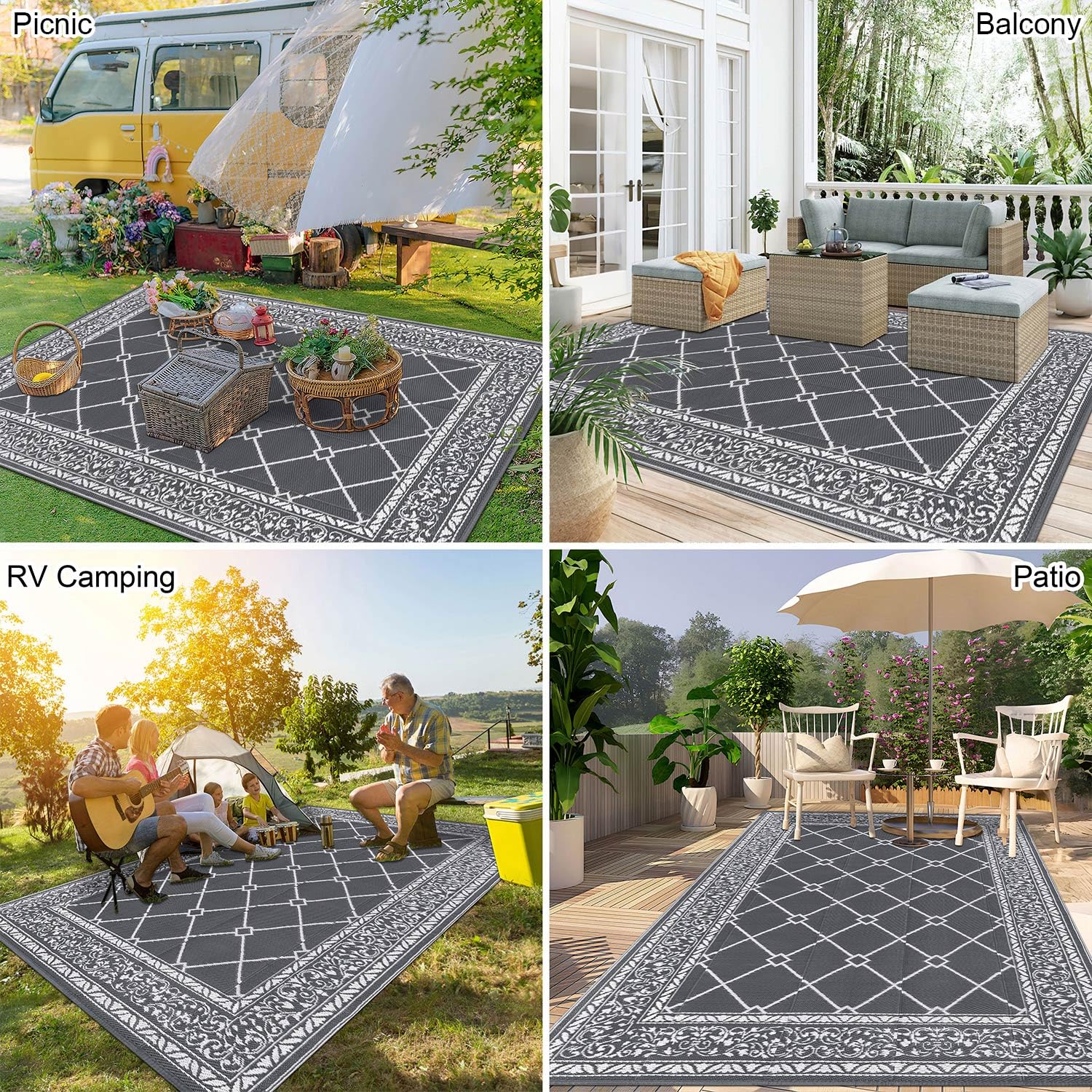 Tappeto Esterno Impermeabile 180x270 Cm - Grigio, Plastica Riciclata, Lavabile - Foto 2