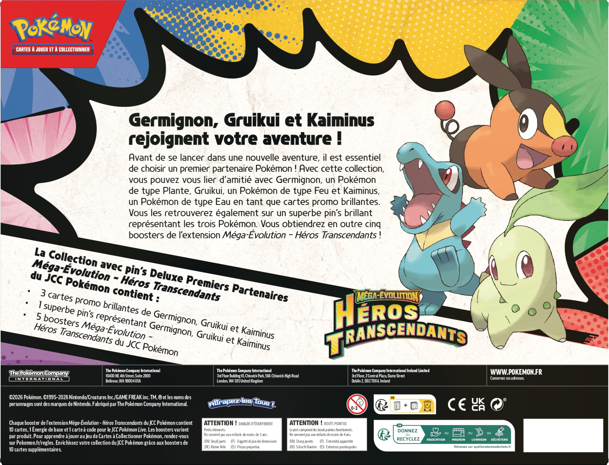 Pokémon : Collection avec pin’s Deluxe Premiers Partenaires Méga-Évolution – Héros Transcendants (3 Cartes Promo Brillantes, 1 pin’s Deluxe et 5 boosters)