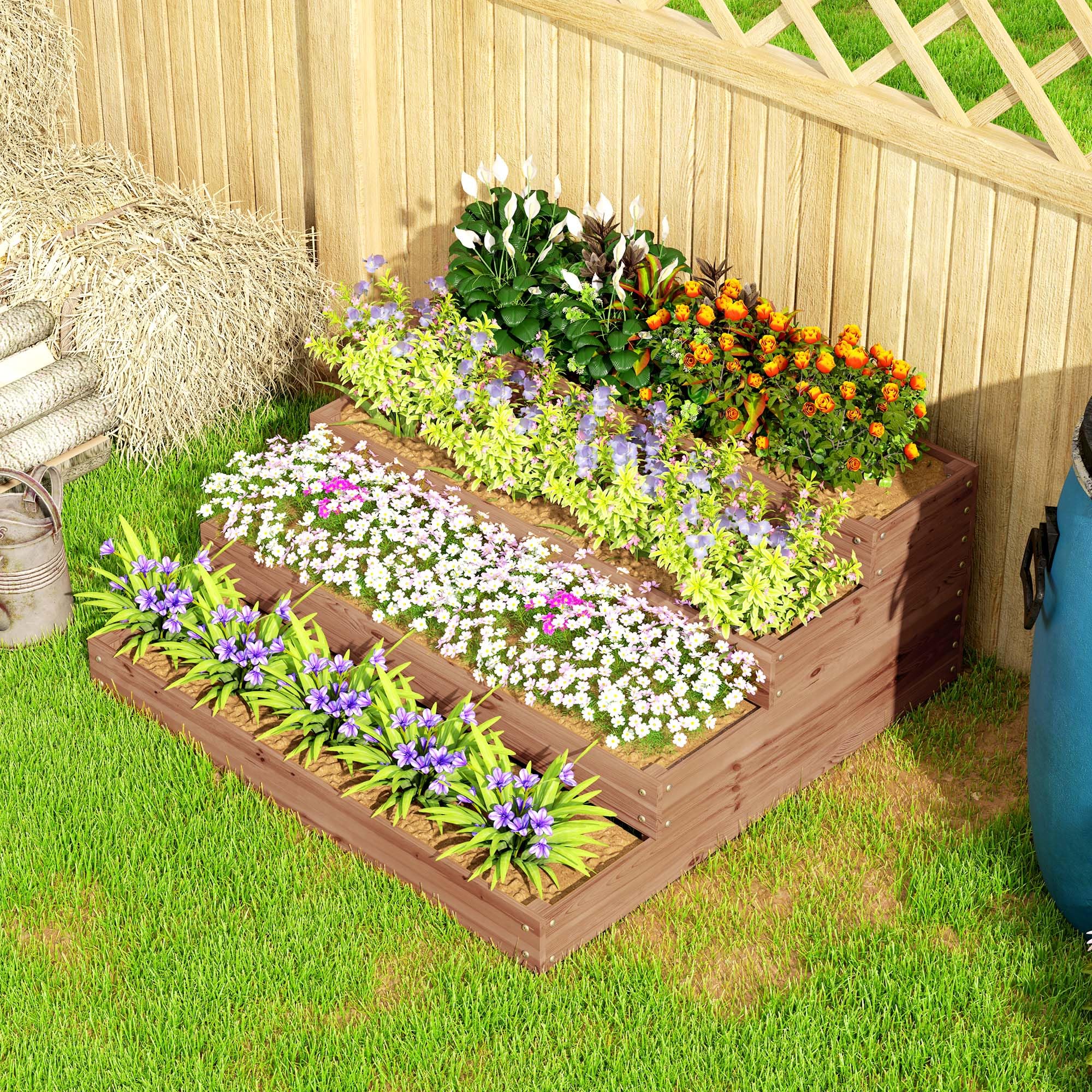 Outsunny Orto Rialzato da Esterno a 4 Livelli in Legno di Abete, Fioriera da Balcone con Fondo Aperto e Fodera in Tessuto, per Piante, Fiori e Verdure, per Giardino Balcone, 113x113x46 cm, Caffè Scuro