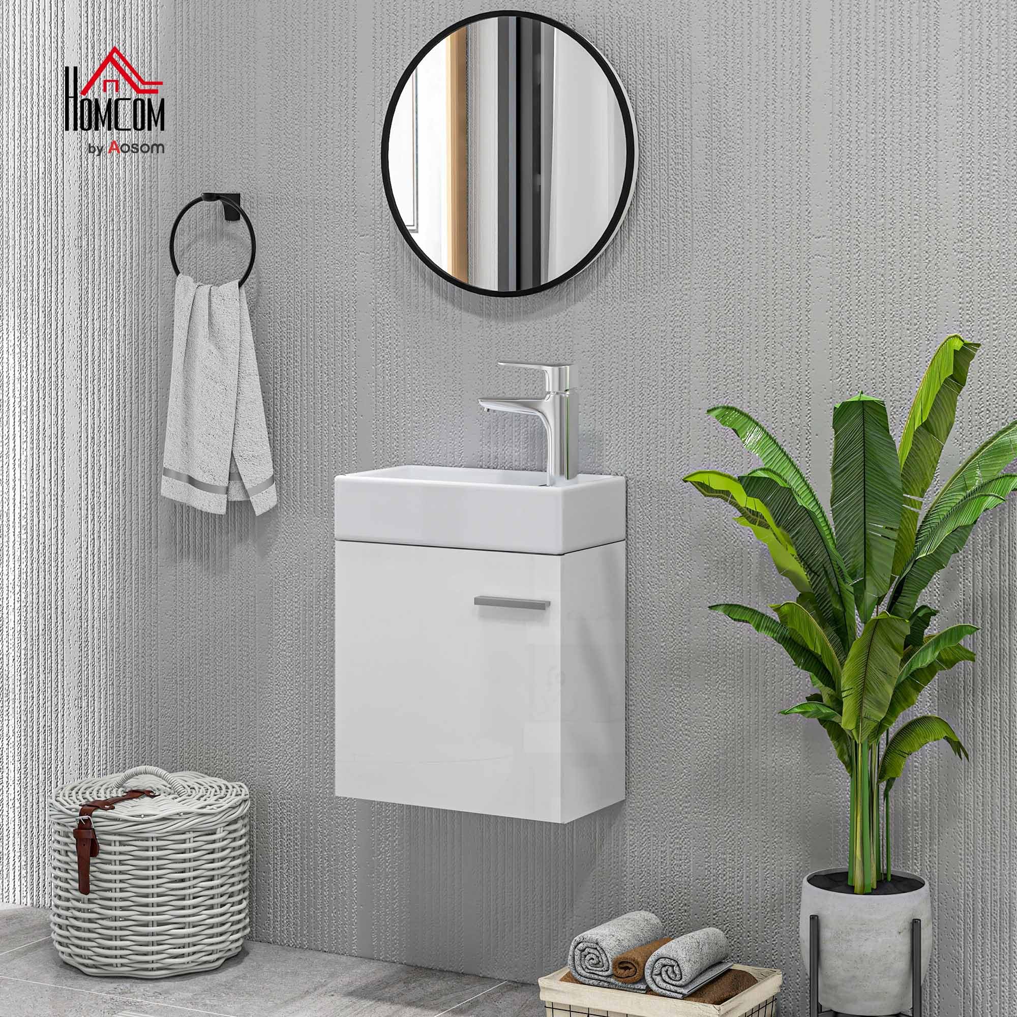 HOMCOM Mueble de Baño Estrecho con Lavabo de Pared 40x23x50cm Blanco Brillo | Mueble para Lavabo, con Puerta, Cierre Suave, Estilo Moderno