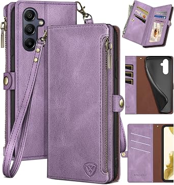 XcaseBar for Samsung Galaxy A15 5G Wallet case with Zipper Credit Card Holder RFID Blocking,Flip Folio Book PU Leather Shockproof Protective Cover Women Men for Samsung A15 Phone case Lilac Purple