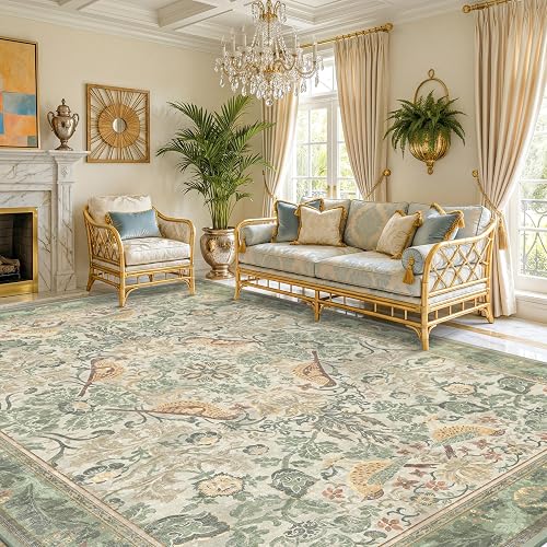 Hazo Haus Washable Floral Bird 8x10 Rug Sage Green