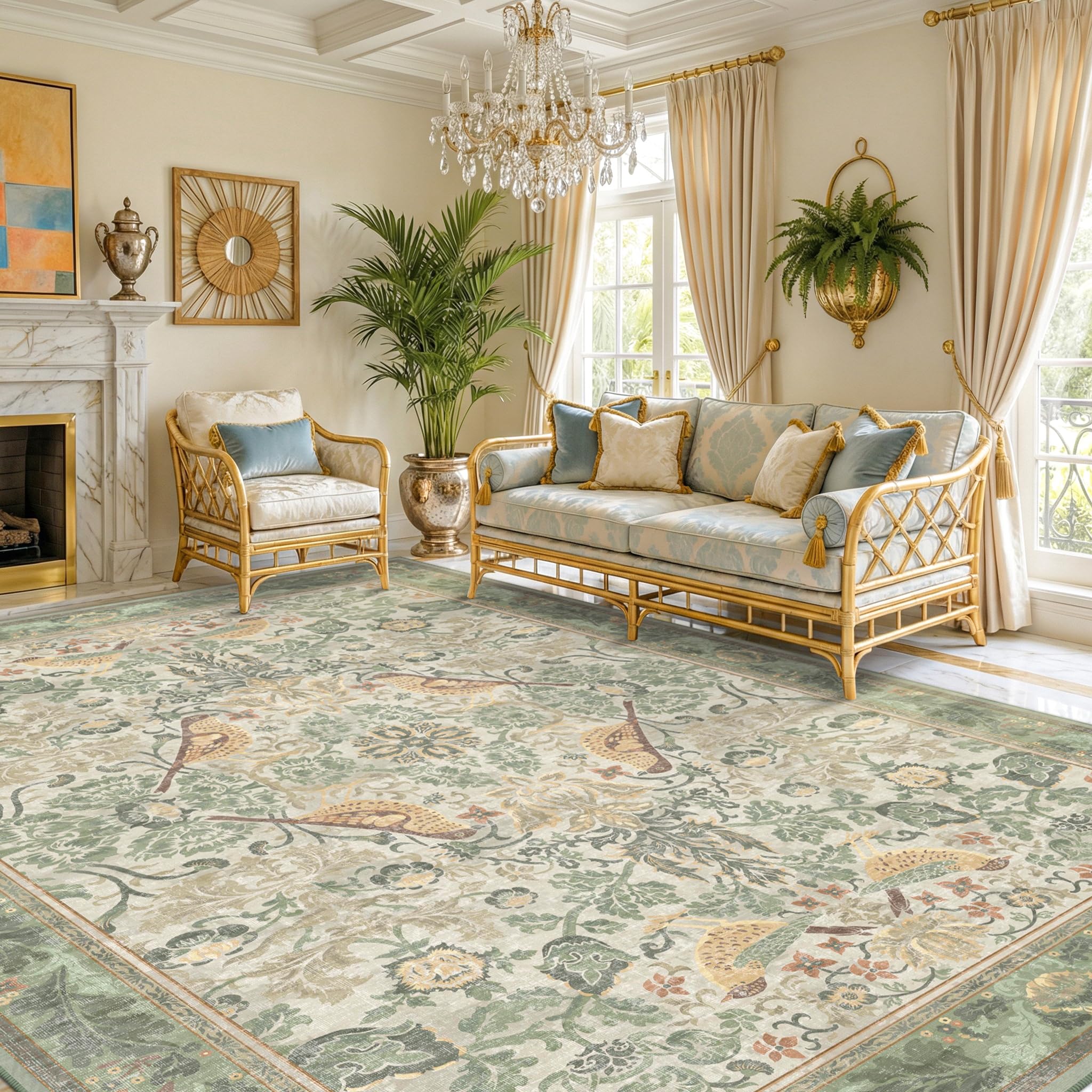 Hazo Haus Washable Floral Bird Rug - Sage Green 8x10