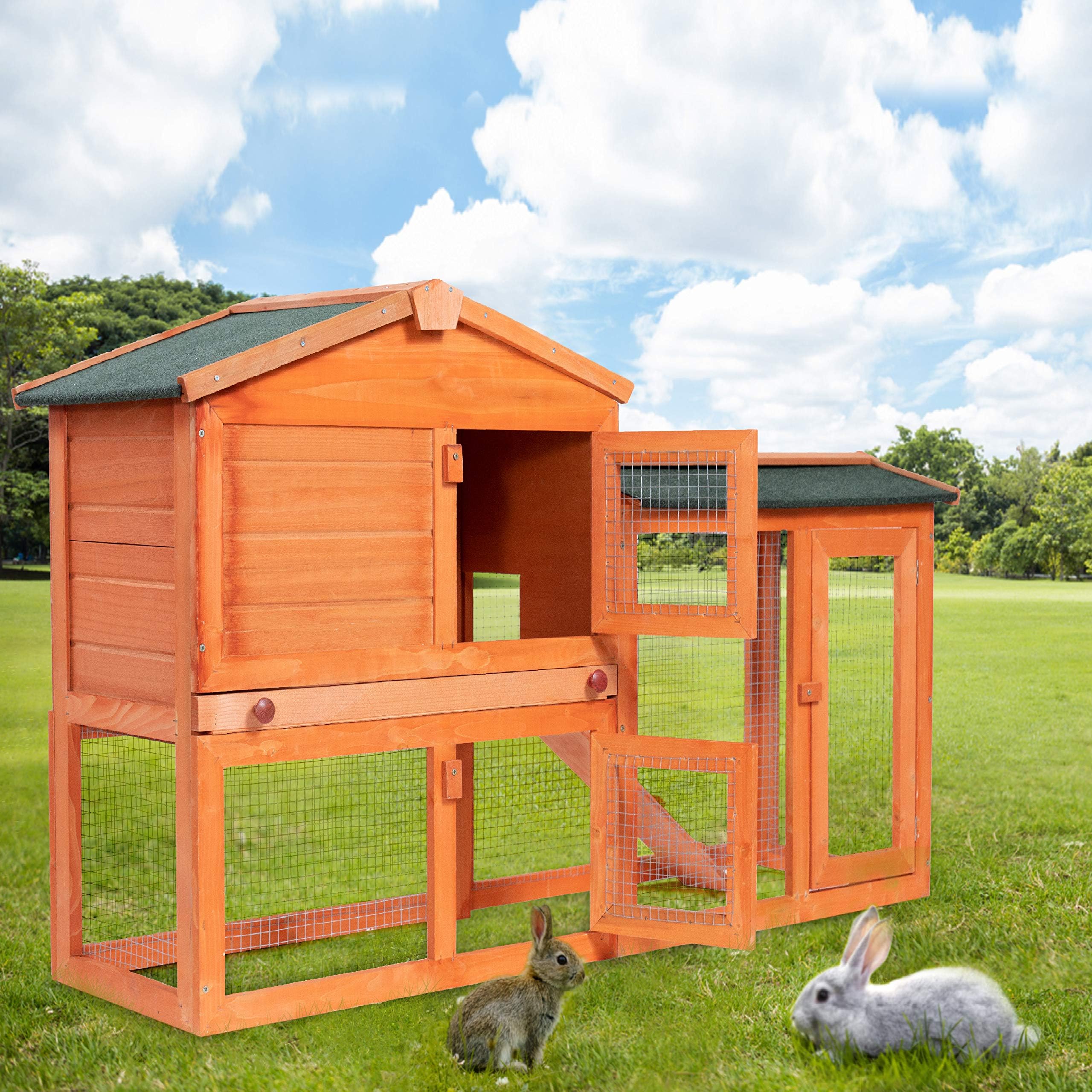 Aoxun Small Animal Cage Wooden Pet House, Garden Backyard Bunny Cage Small Animal Cage with Hutch Wire Fence, Ventilation Door, Removable Tray